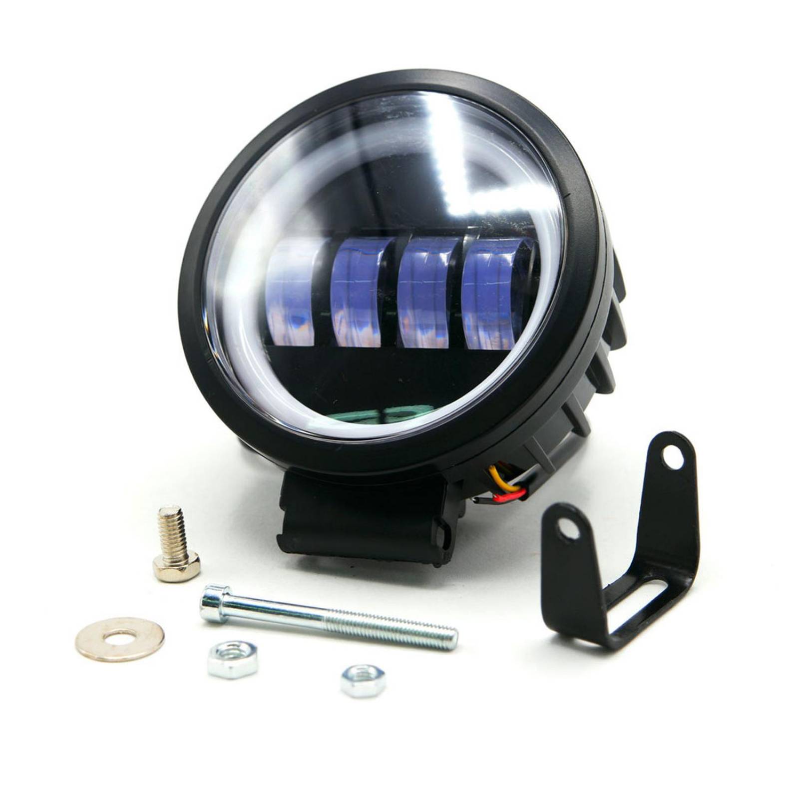 Faro Para Moto Rasen Auxiliar Led Con Lupa Redondo Con 4 Led Ojo De Angel Con Luz Blanca Fija Y Estrobo  Azul