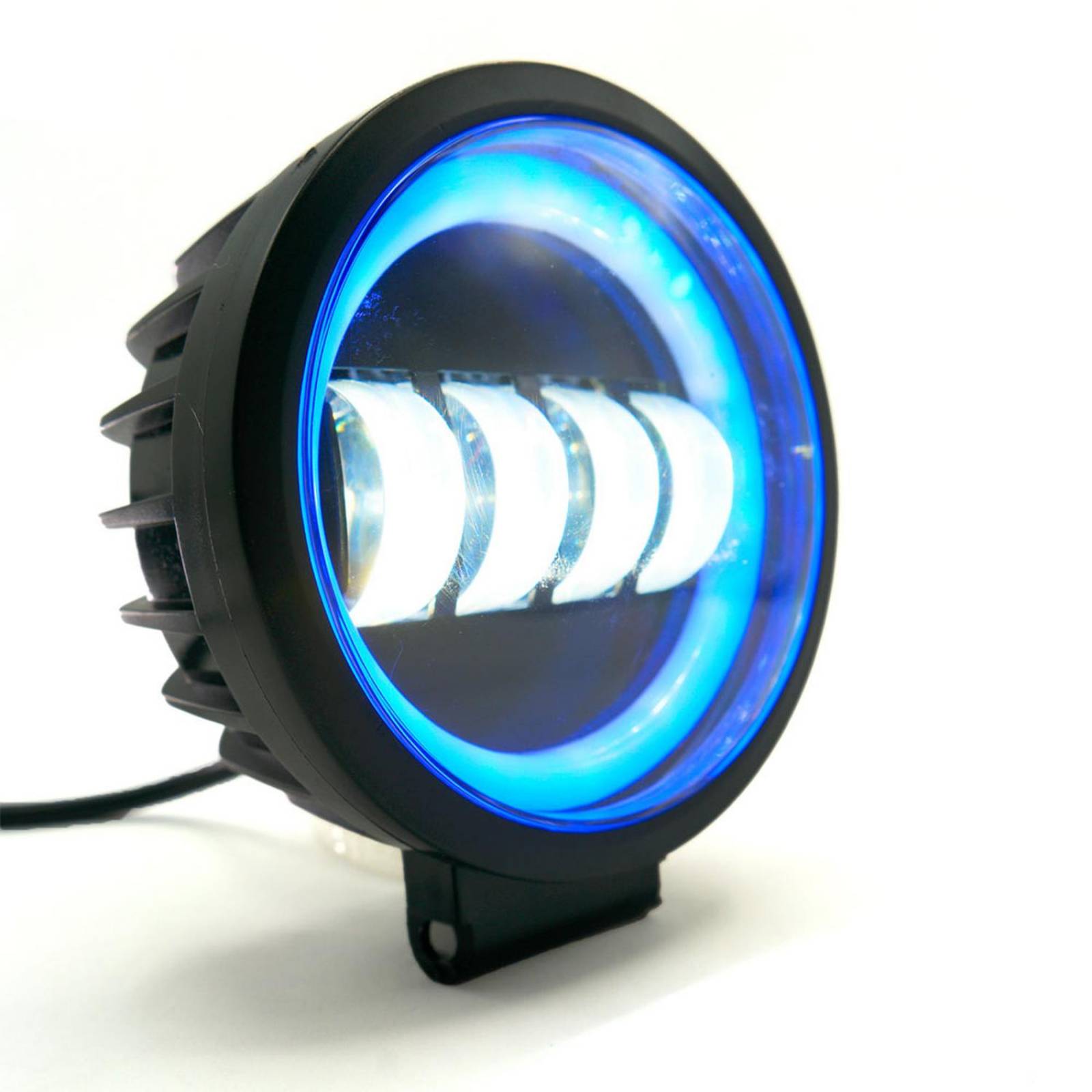 Faro Para Moto Rasen Auxiliar Led Con Lupa Redondo Con 4 Led Ojo De Angel Con Luz Blanca Fija Y Estrobo  Azul