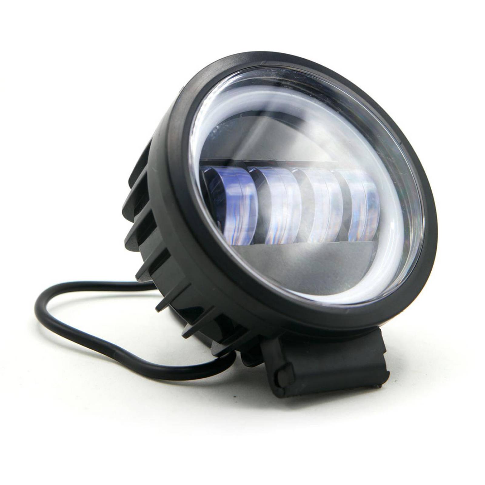 Faro Para Moto Rasen Auxiliar Led Con Lupa Redondo Con 4 Led Ojo De Angel Con Luz Blanca Fija Y Estrobo  Azul