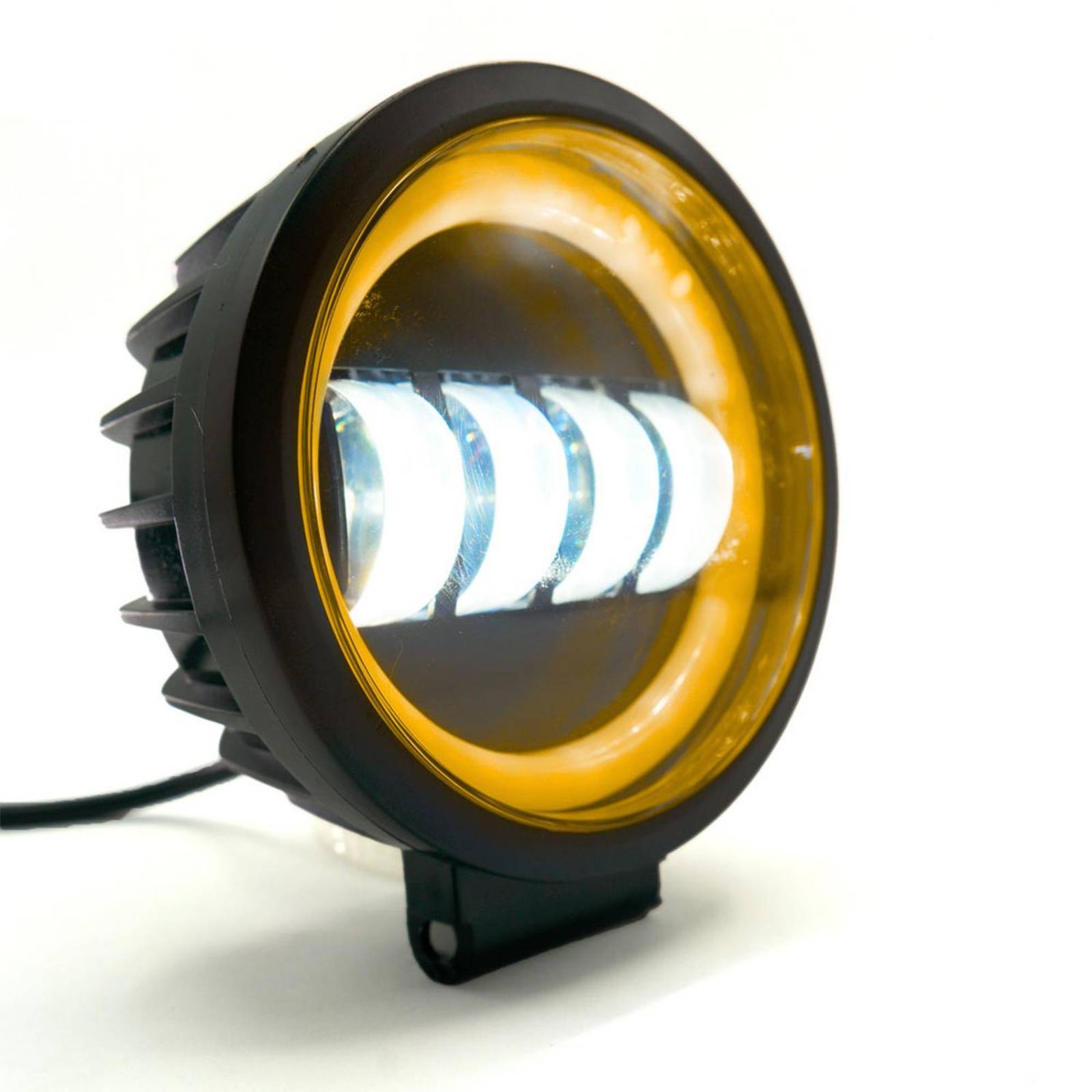 Faro Para Moto Rasen Auxiliar Led Con Lupa Redondo Con 4 Led Ojo De Angel Con Luz Blanca Fija Y Estrobo  Amarillo