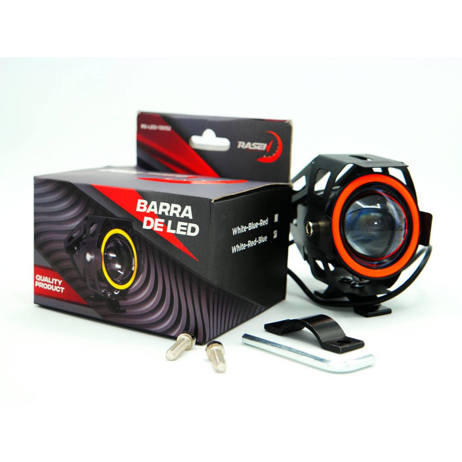 Faro Para Moto Rasen Led Con Lupa Y Ojo De Angel Con Protector Luz Blanca Alta,Baja Y Estrobo     Rojo