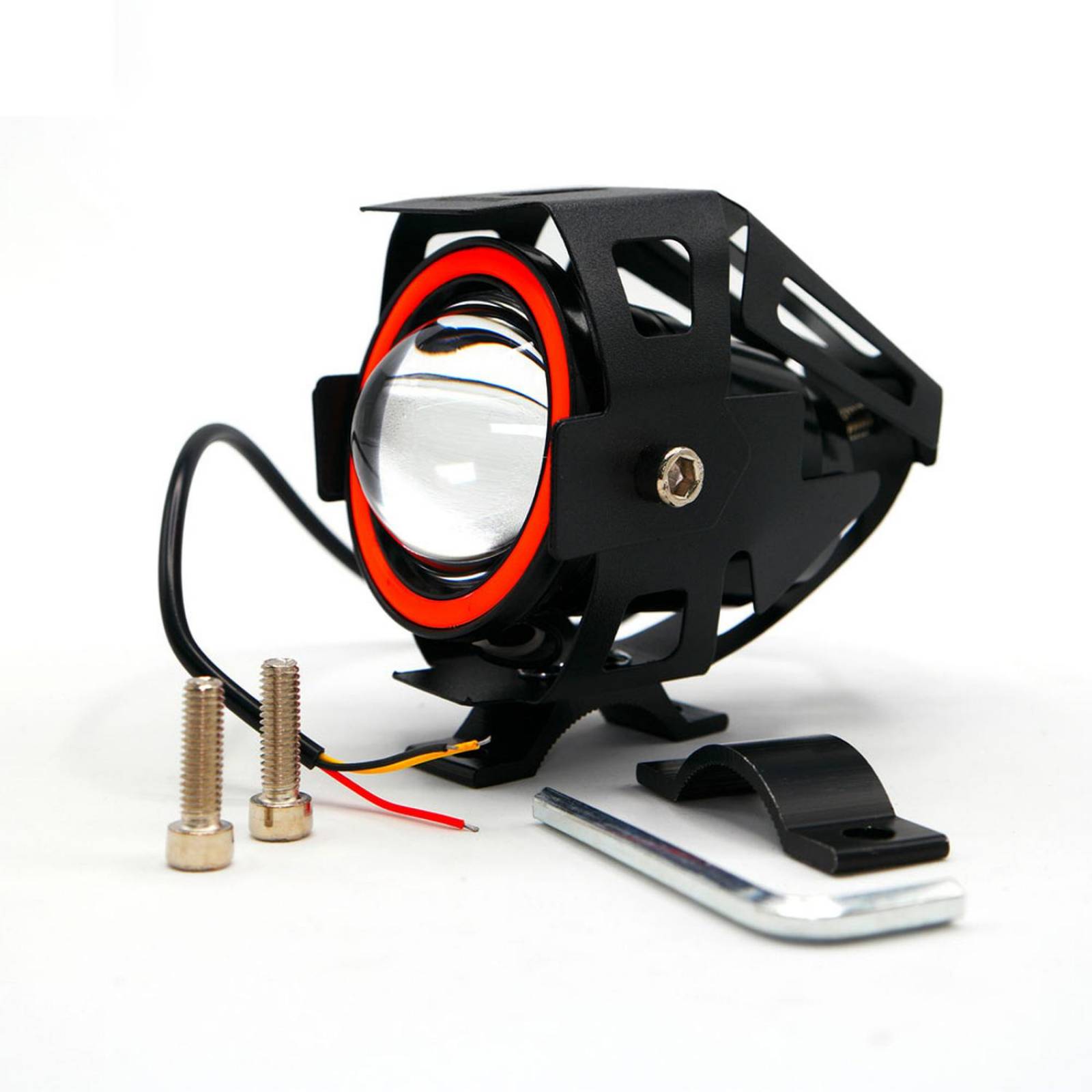 Faro Para Moto Rasen Led Con Lupa Y Ojo De Angel Con Protector Luz Blanca Alta,Baja Y Estrobo     Rojo