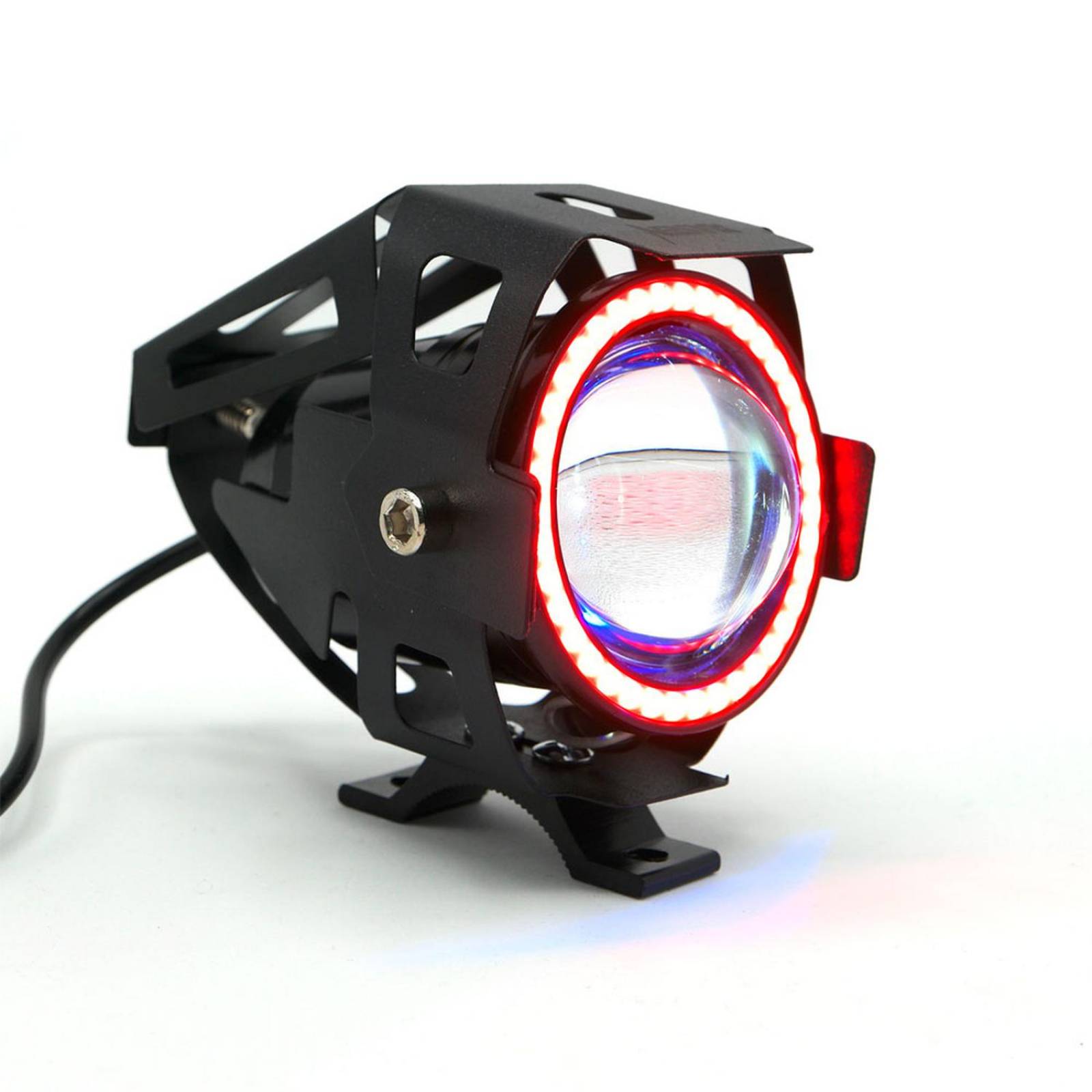 Faro Para Moto Rasen Led Con Lupa Y Ojo De Angel Con Protector Luz Blanca Alta,Baja Y Estrobo     Rojo