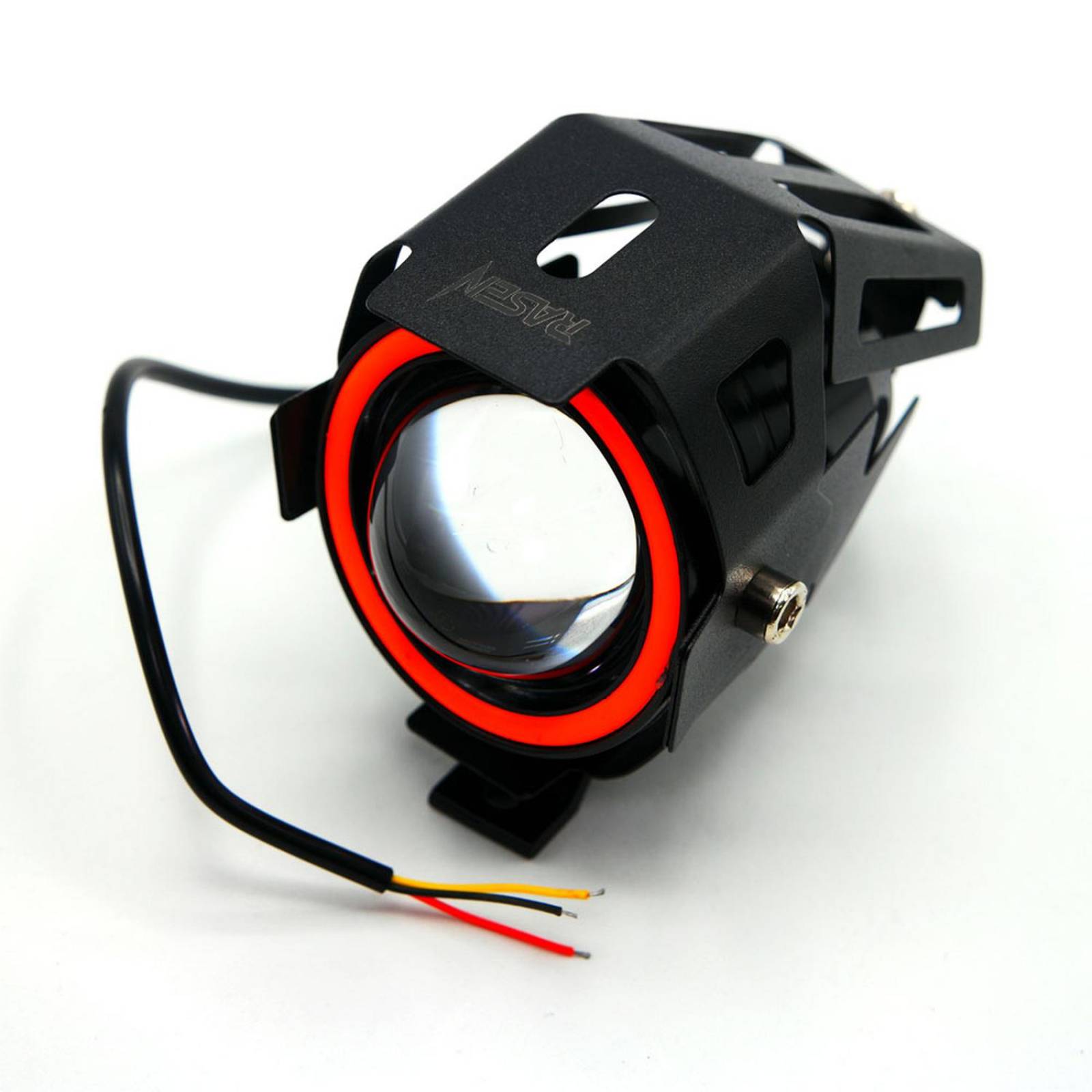 Faro Para Moto Rasen Led Con Lupa Y Ojo De Angel Con Protector Luz Blanca Alta,Baja Y Estrobo     Rojo