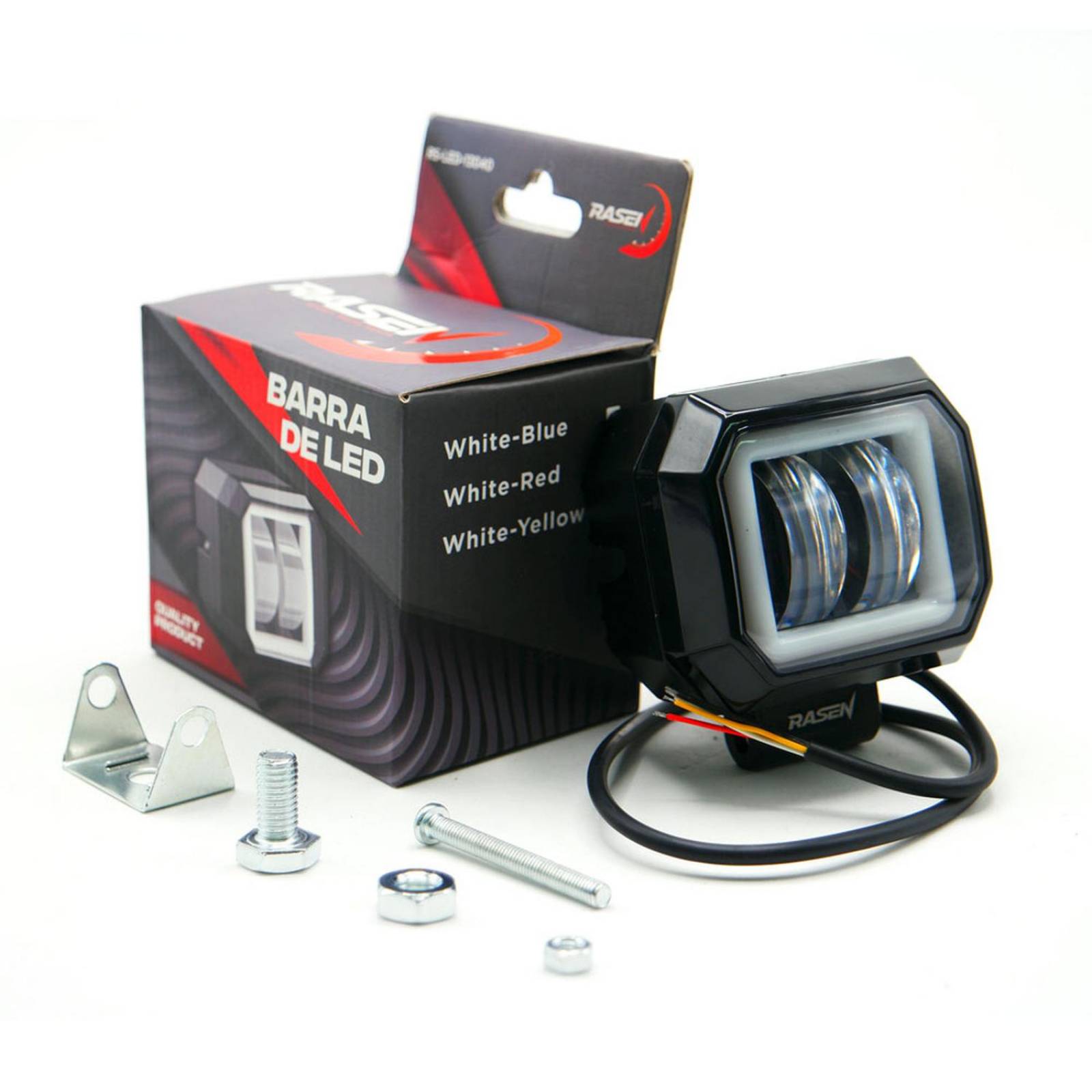 Faro Para Moto Rasen Led Cuadrado Mini 2 Led Con Lupa Luz Blanca Fija Y Con Estrobo Opcional Y Contorno   Azul