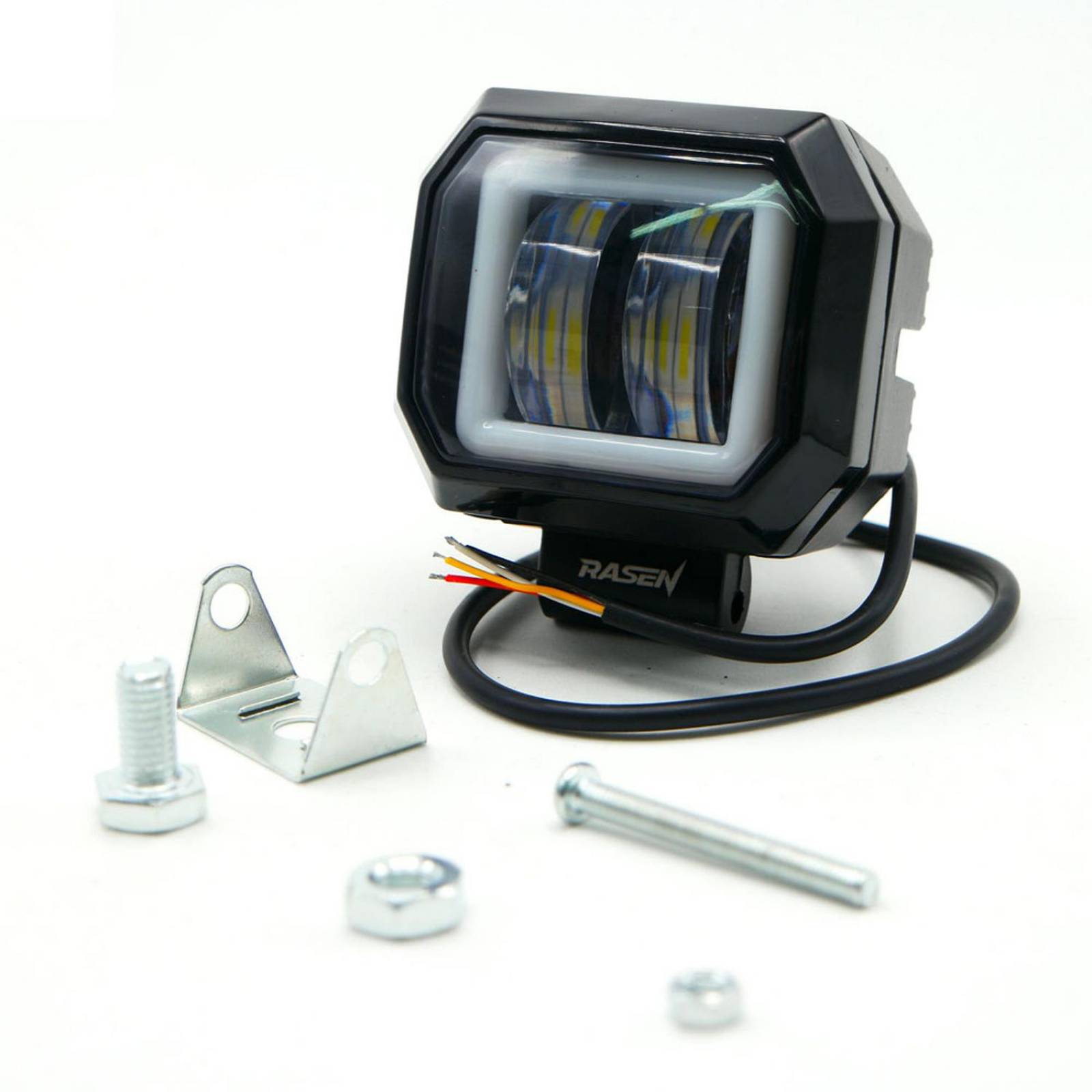 Faro Para Moto Rasen Led Cuadrado Mini 2 Led Con Lupa Luz Blanca Fija Y Con Estrobo Opcional Y Contorno   Azul
