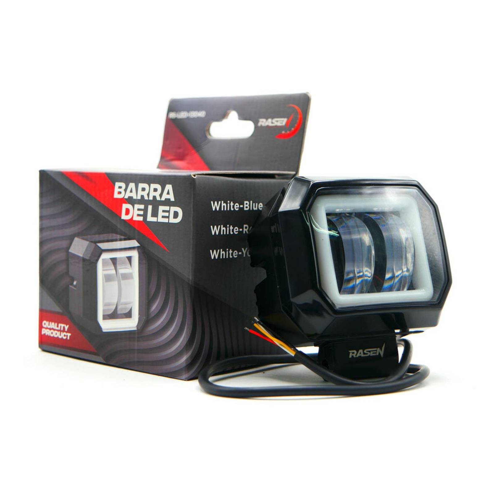 Faro Para Moto Rasen Led Cuadrado Mini 2 Led Con Lupa Luz Blanca Fija Y Con Estrobo Opcional Y Contorno   Azul