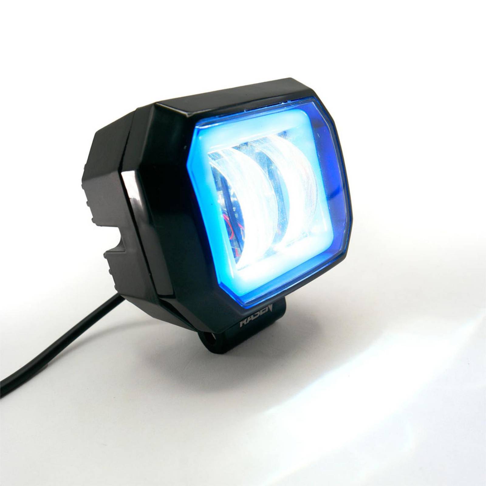Faro Para Moto Rasen Led Cuadrado Mini 2 Led Con Lupa Luz Blanca Fija Y Con Estrobo Opcional Y Contorno   Azul