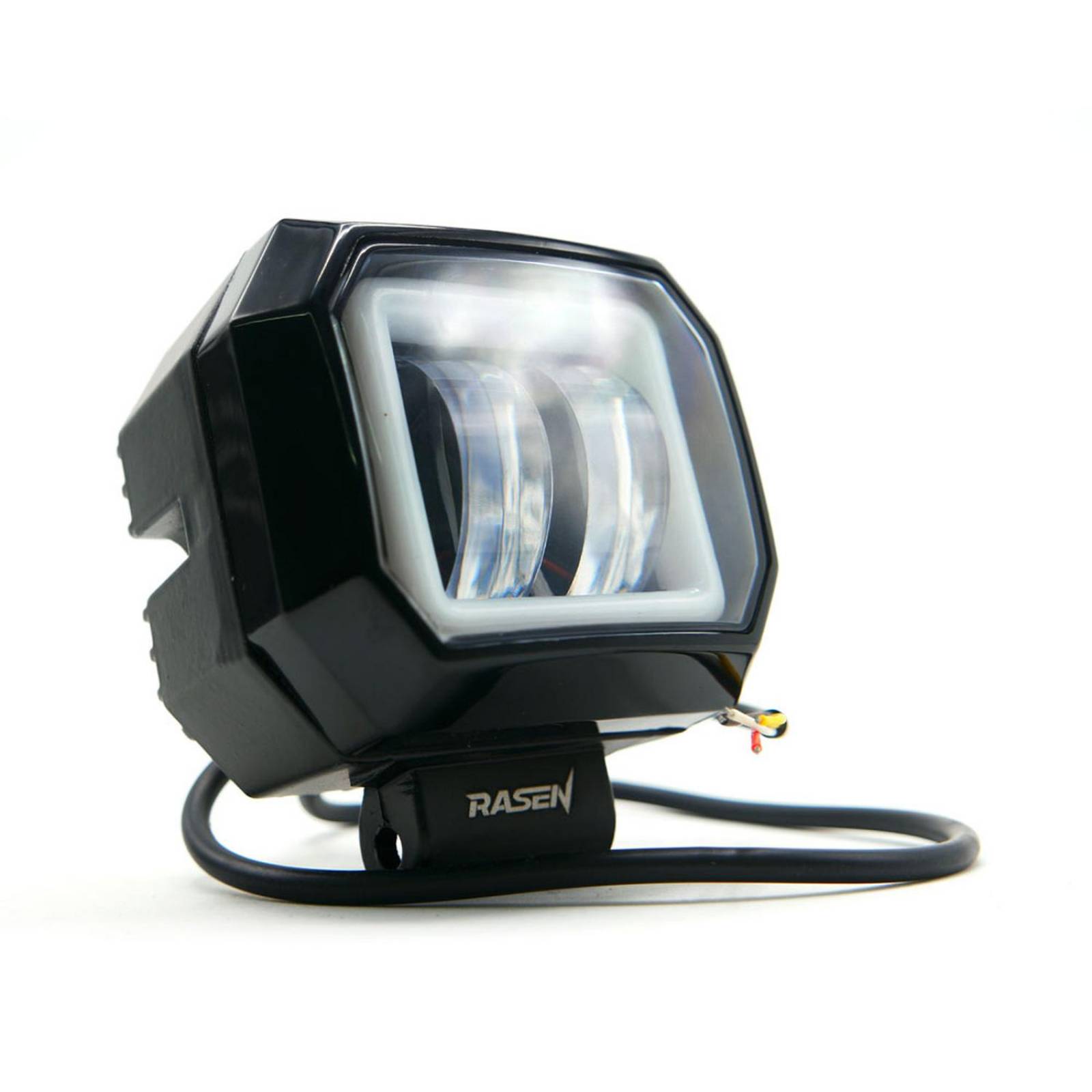 Faro Para Moto Rasen Led Cuadrado Mini 2 Led Con Lupa Luz Blanca Fija Y Con Estrobo Opcional Y Contorno   Azul