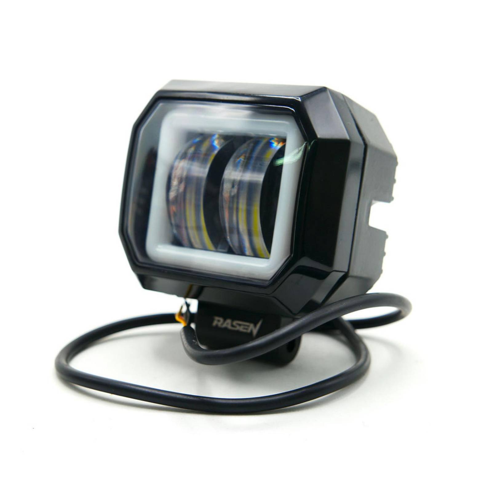 Faro Para Moto Rasen Led Cuadrado Mini 2 Led Con Lupa Luz Blanca Fija Y Con Estrobo Opcional Y Contorno   Azul