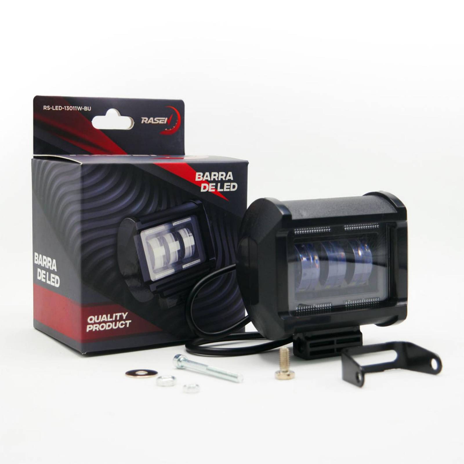 Faro Para Moto Rasen Auxiliar Cuadrado 3 Led Con Lupa Con Luz Alta, Baja Y Estrobo       