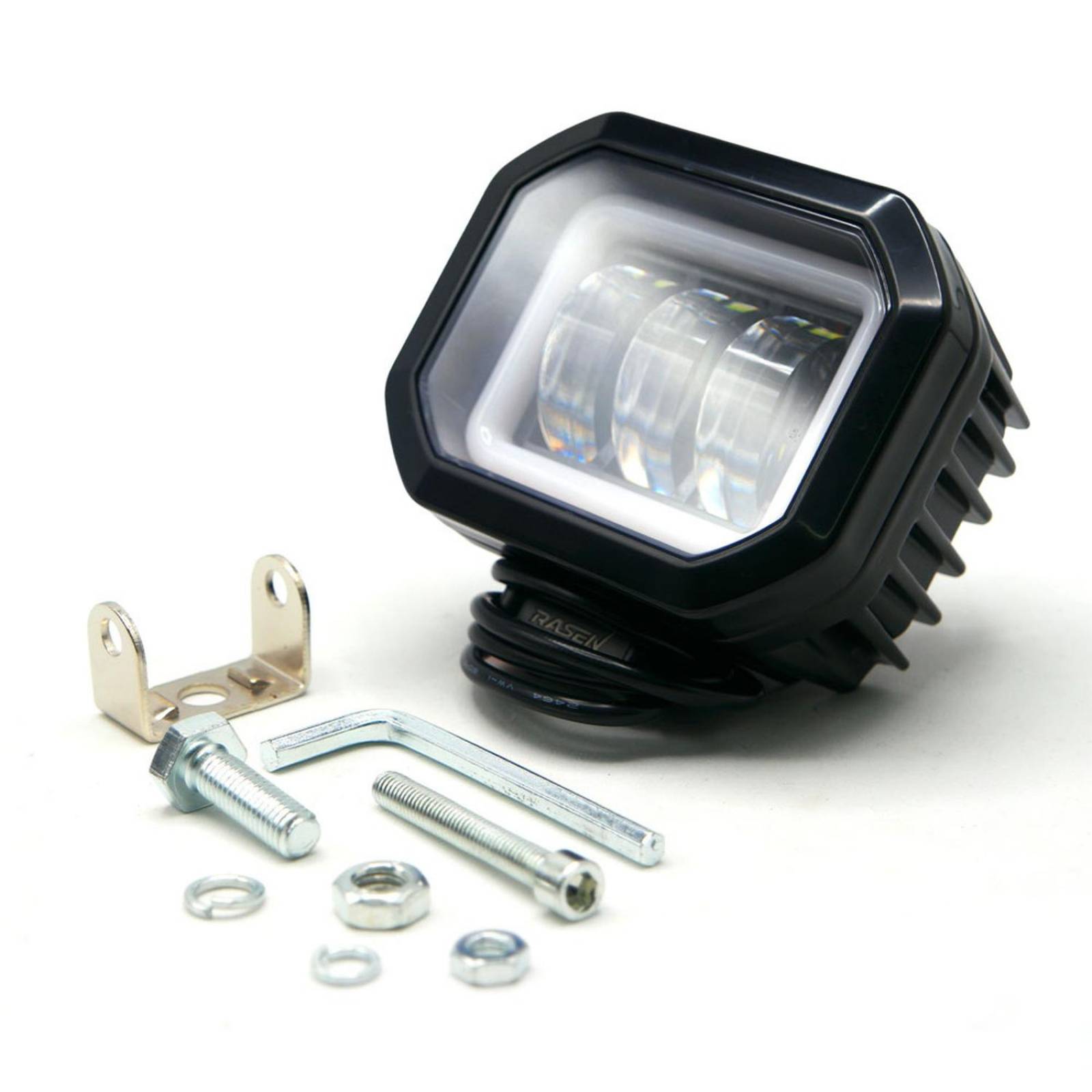 Faro Para Moto Rasen Cuadrado Led Con Lupa Luz Fija Y Estrobo Contorno Azul