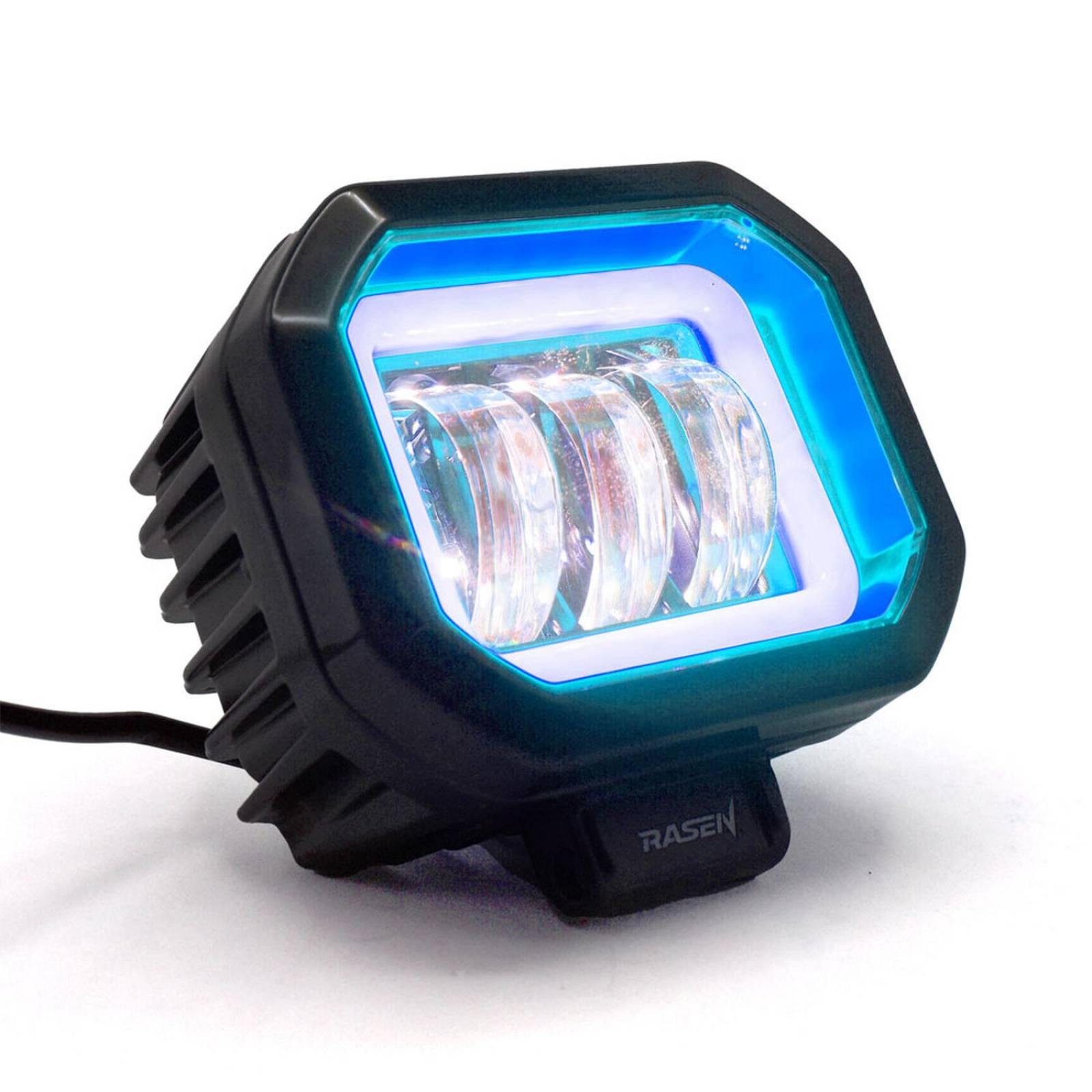 Faro Para Moto Rasen Cuadrado Led Con Lupa Luz Fija Y Estrobo Contorno Azul