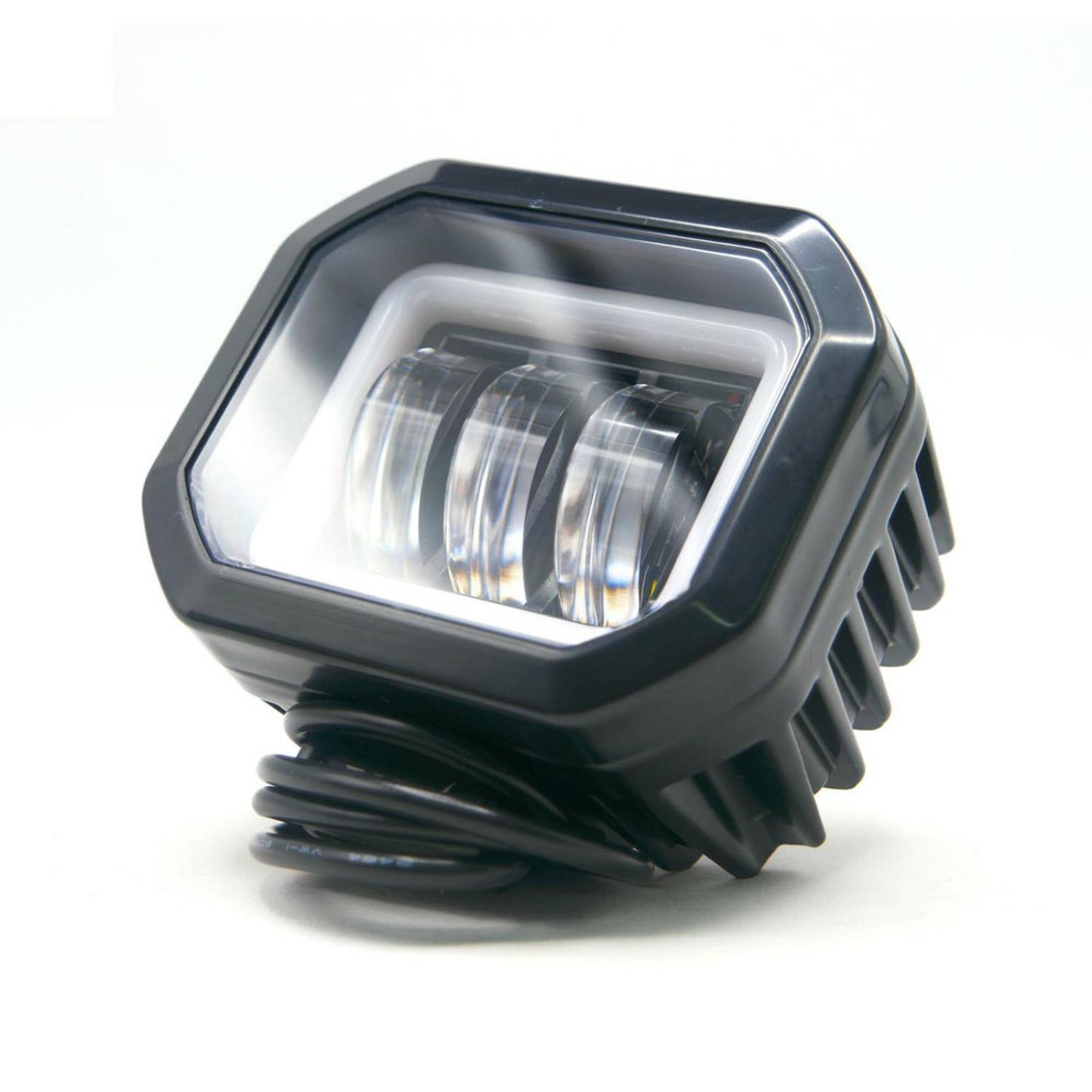 Faro Para Moto Rasen Cuadrado Led Con Lupa Luz Fija Y Estrobo Contorno Azul