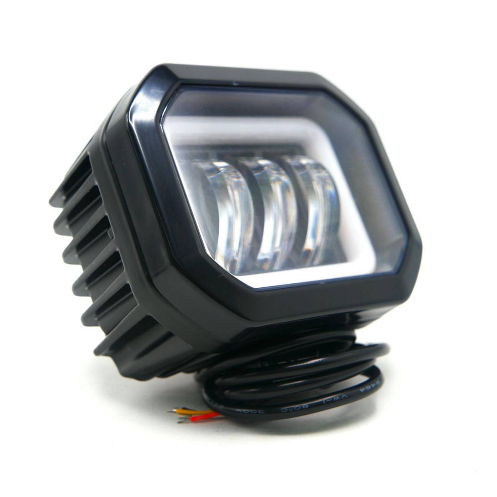Faro Para Moto Rasen Cuadrado Led Con Lupa Luz Fija Y Estrobo Contorno Azul