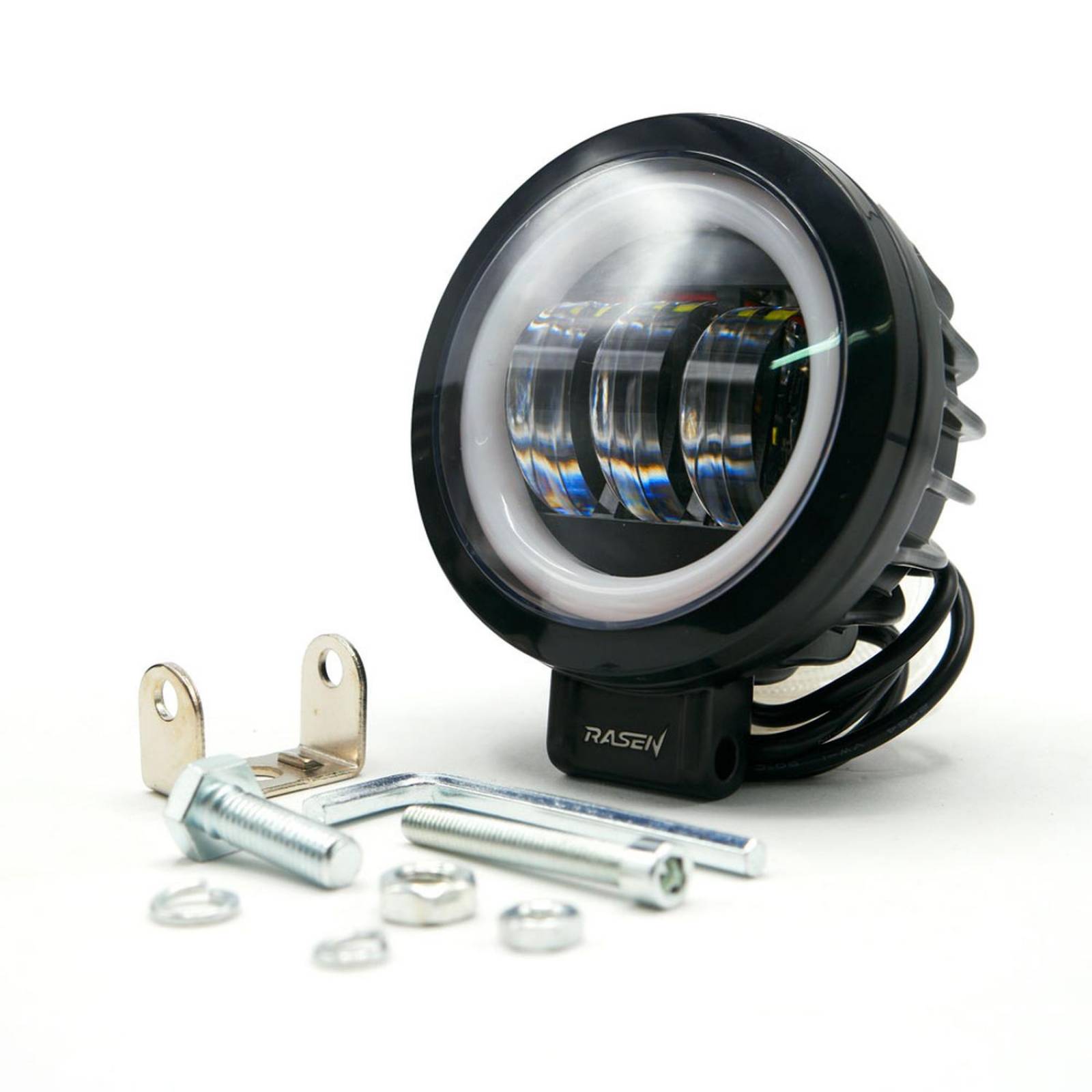 Faro Para Moto Rasen Redondo 3 Led Con Lupa Luz Fija, Estrobo Opcional          Negro BLANCO-AZUL