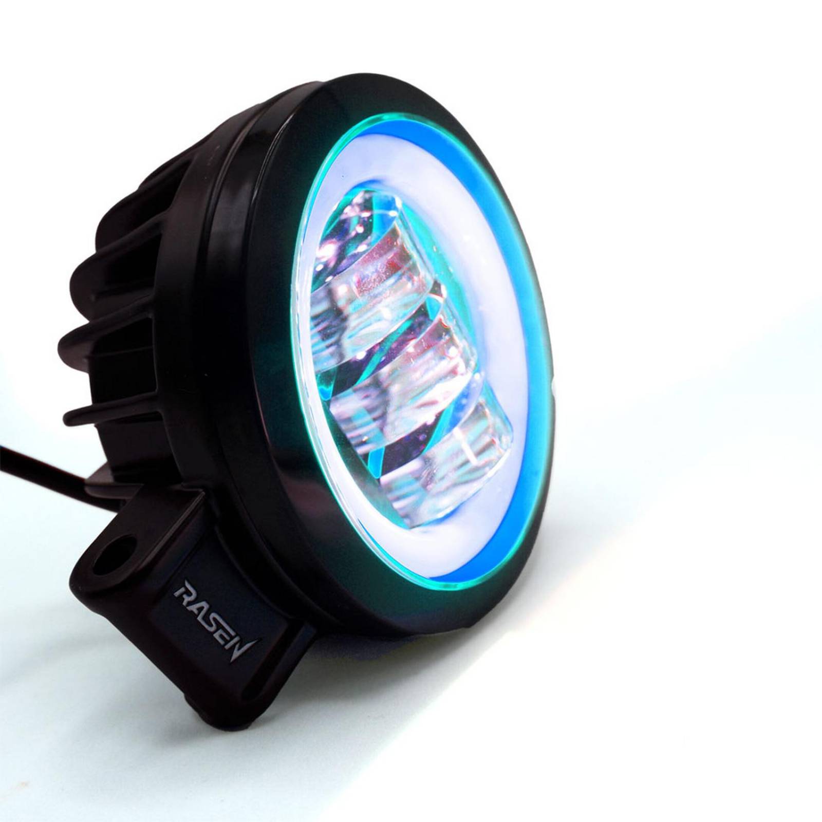 Faro Para Moto Rasen Redondo 3 Led Con Lupa Luz Fija, Estrobo Opcional          Negro BLANCO-AZUL