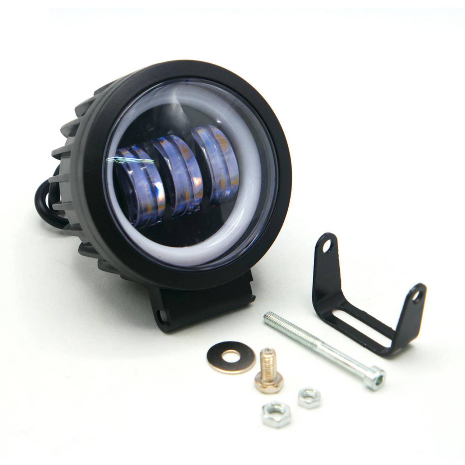 Faro Para Moto Rasen Auxiliar Led Con Lupa Redondo Con 3 Led Ojo De Angel Con Luz Blanca Fija Y Estrobo Rojo