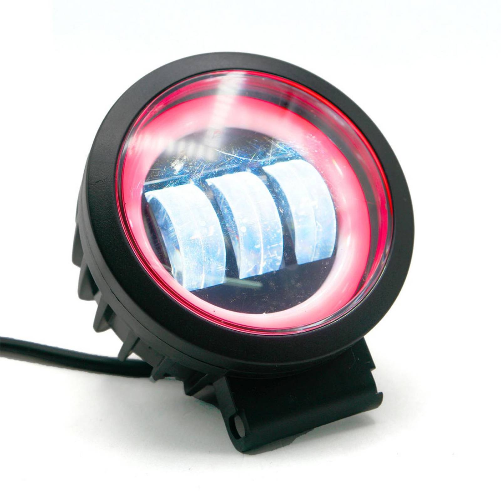 Faro Para Moto Rasen Auxiliar Led Con Lupa Redondo Con 3 Led Ojo De Angel Con Luz Blanca Fija Y Estrobo Rojo