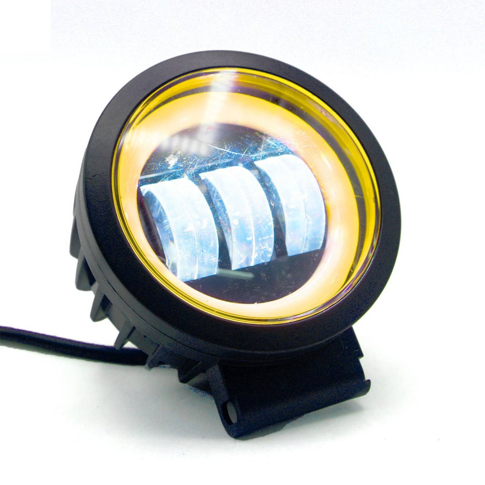 Faro Para Moto Rasen Auxiliar Led Con Lupa Redondo Con 3 Led Ojo De Angel Con Luz Blanca Fija Y Estrobo  Amarillo