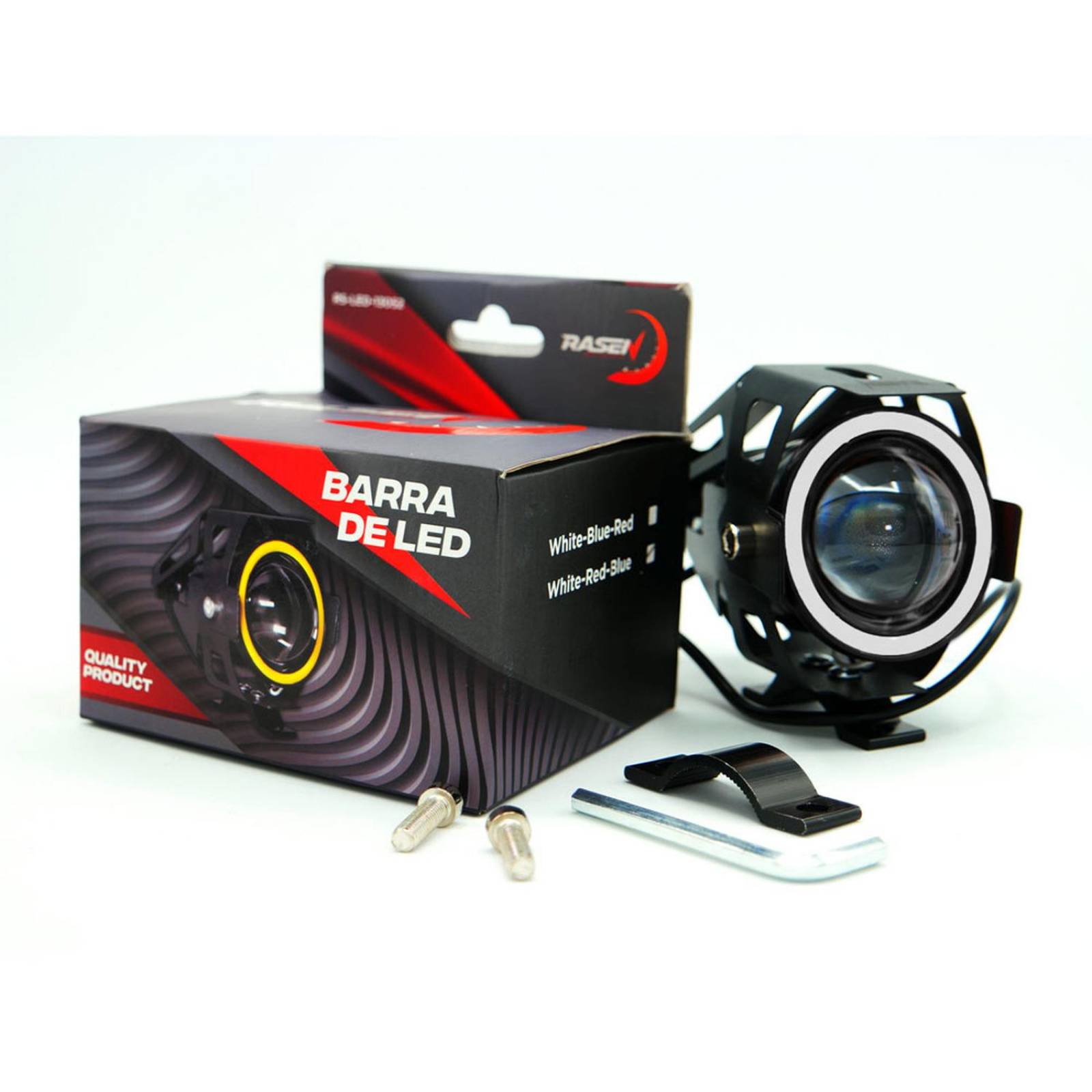 Faro Para Moto Rasen Led Con Lupa Y Ojo De Angel Con Protector Luz Blanca Alta,Baja Y Estrobo     Azul