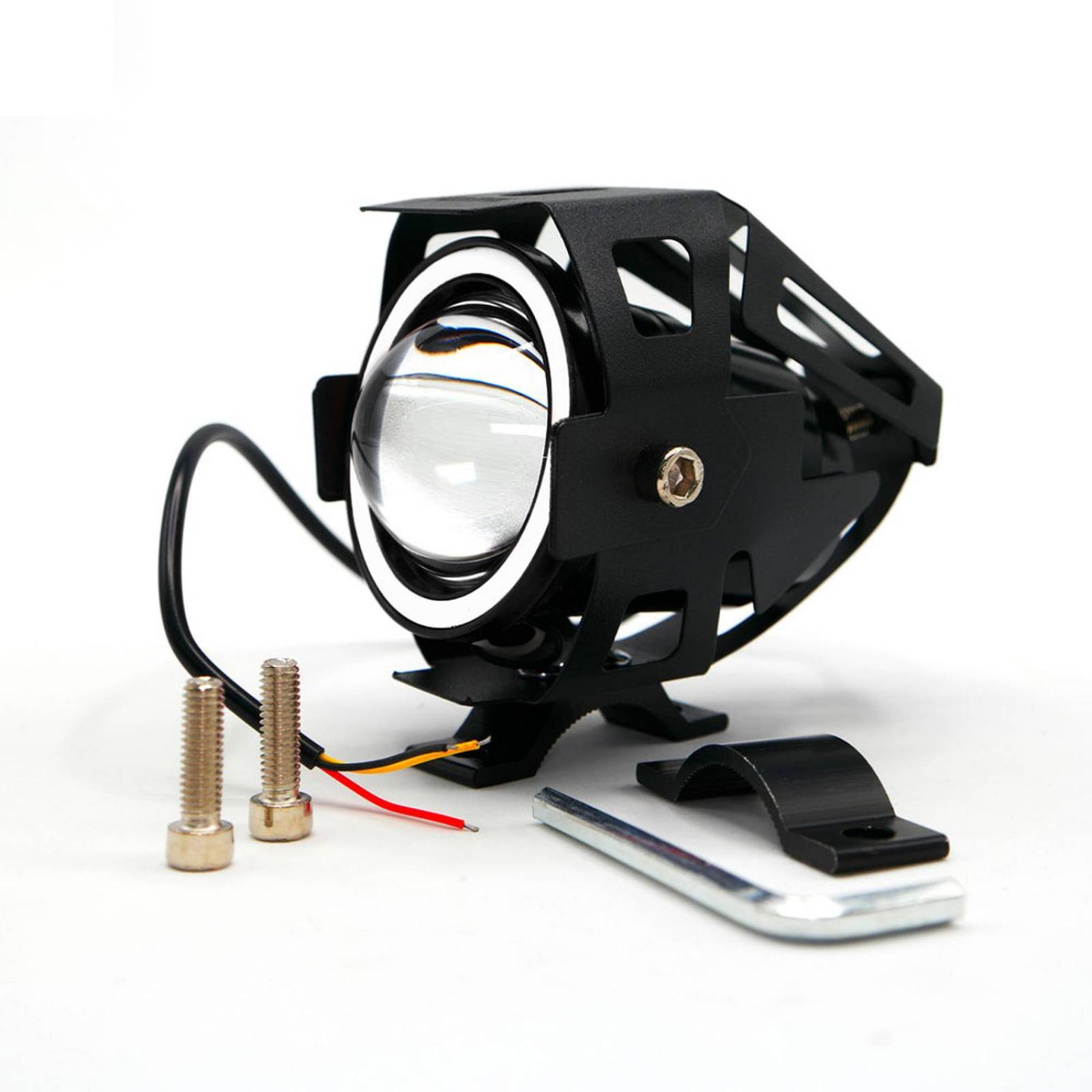 Faro Para Moto Rasen Led Con Lupa Y Ojo De Angel Con Protector Luz Blanca Alta,Baja Y Estrobo     Azul