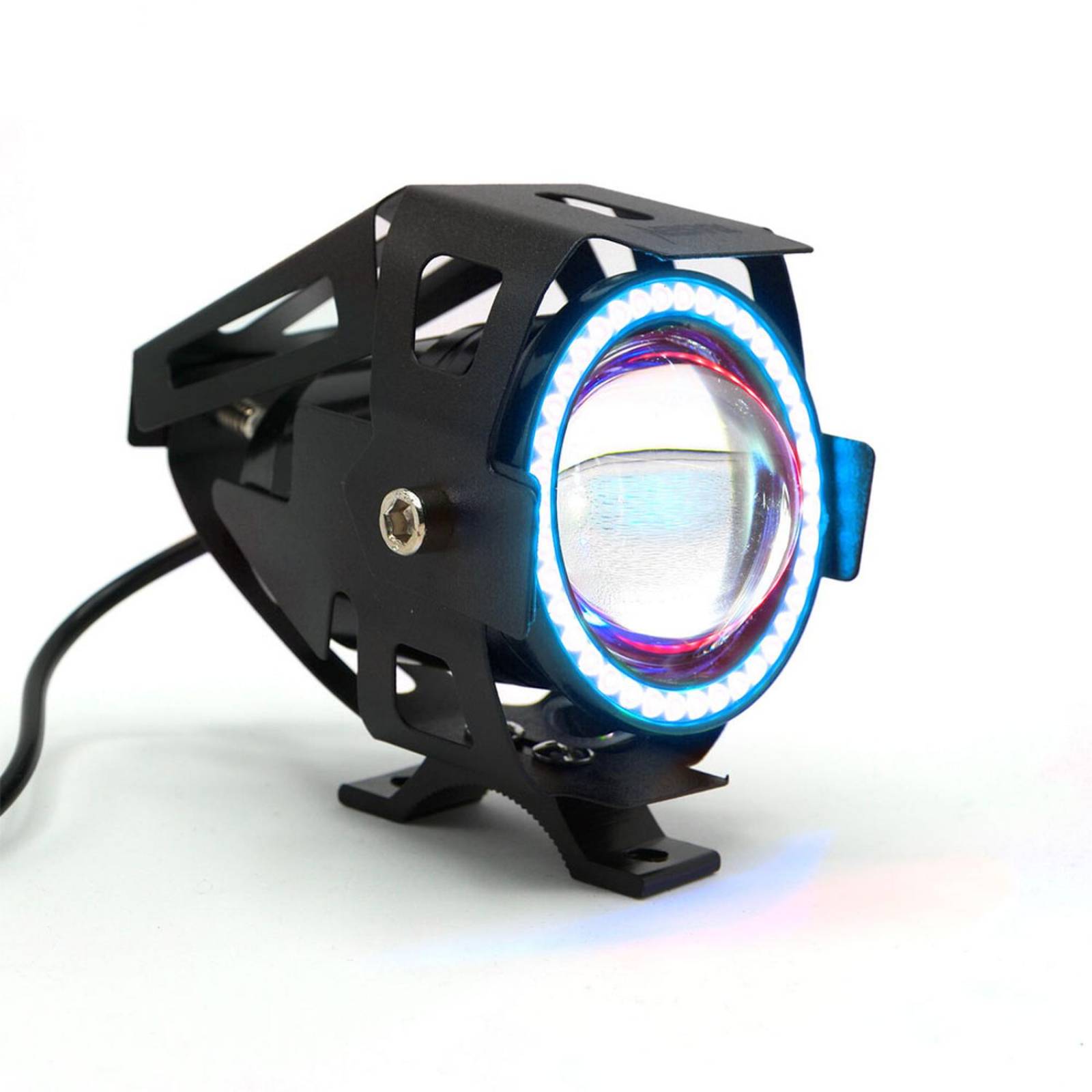 Faro Para Moto Rasen Led Con Lupa Y Ojo De Angel Con Protector Luz Blanca Alta,Baja Y Estrobo     Azul