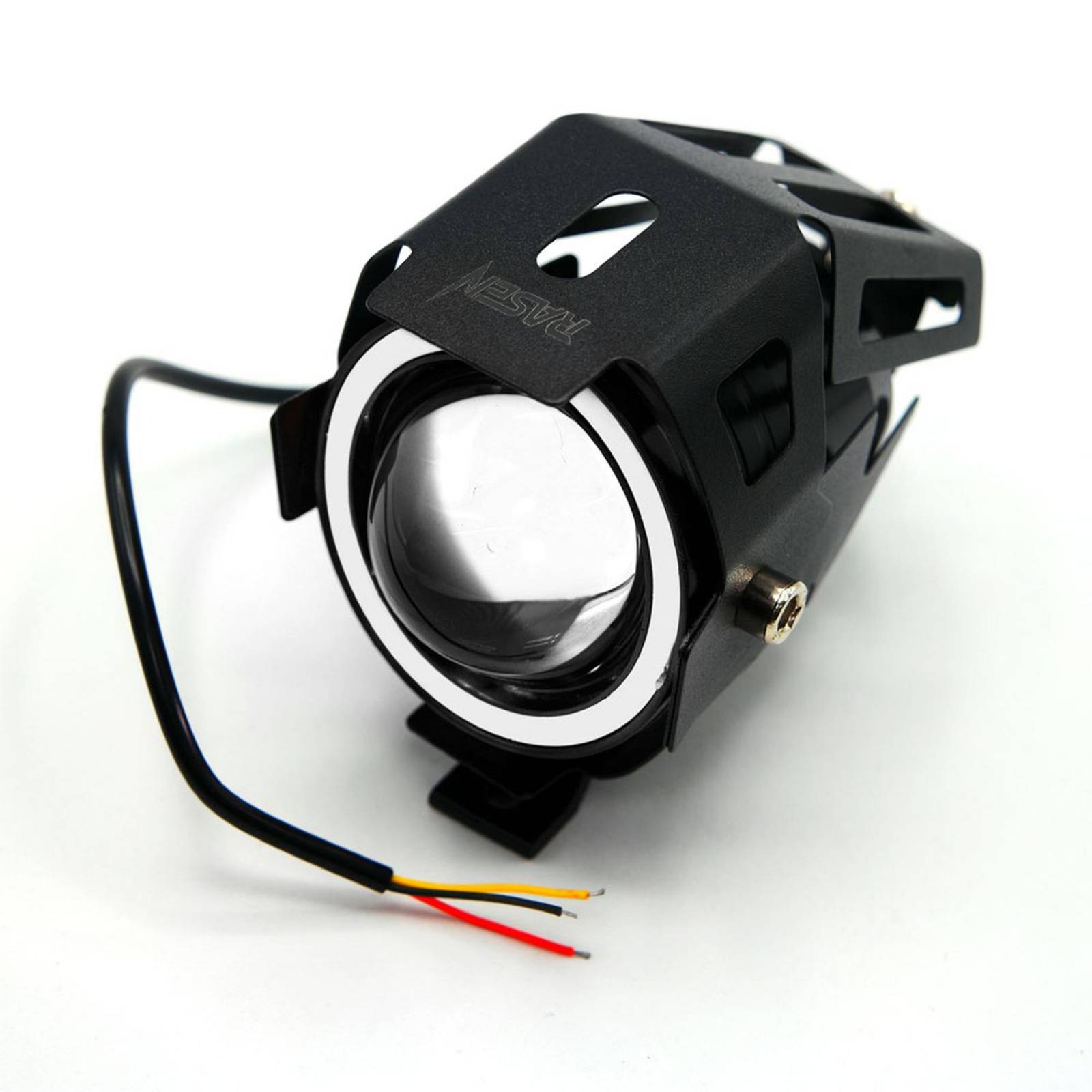 Faro Para Moto Rasen Led Con Lupa Y Ojo De Angel Con Protector Luz Blanca Alta,Baja Y Estrobo     Azul