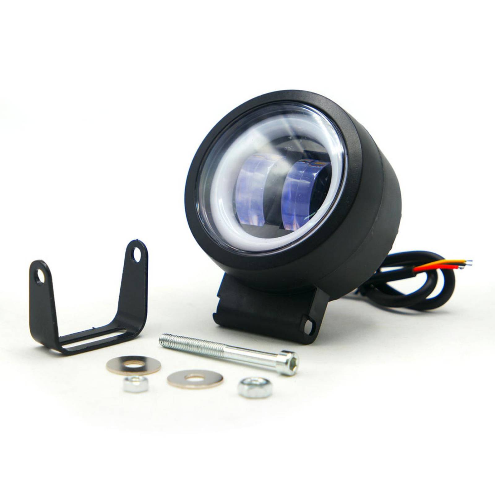 Faro Para Moto Rasen Auxiliar Led Con Lupa Redondo Con 2 Led Ojo De Angel Con Luz Blanca Fija Y Estrobo  Rojo