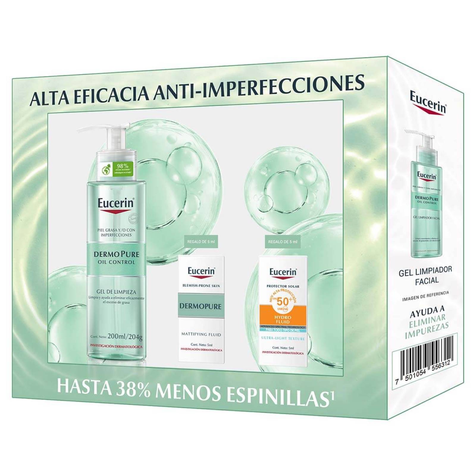 Eucerin Pack Dermo Pure Gel 200 ml + Dermo Pure Matificante 5 ml + Sun Hydro Fluid 5 ml
