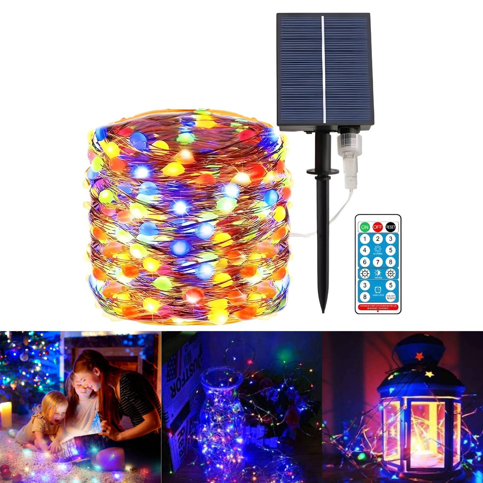 Serie Navideña Solar ecomlab Luces Led Guirnalda 22 Metros 200 Leds, 8 modos de luz, carga mediante panel solar, cable de cobre impermeable, decoración para jardín, habitación, interior, exterior, navidad, halloween.