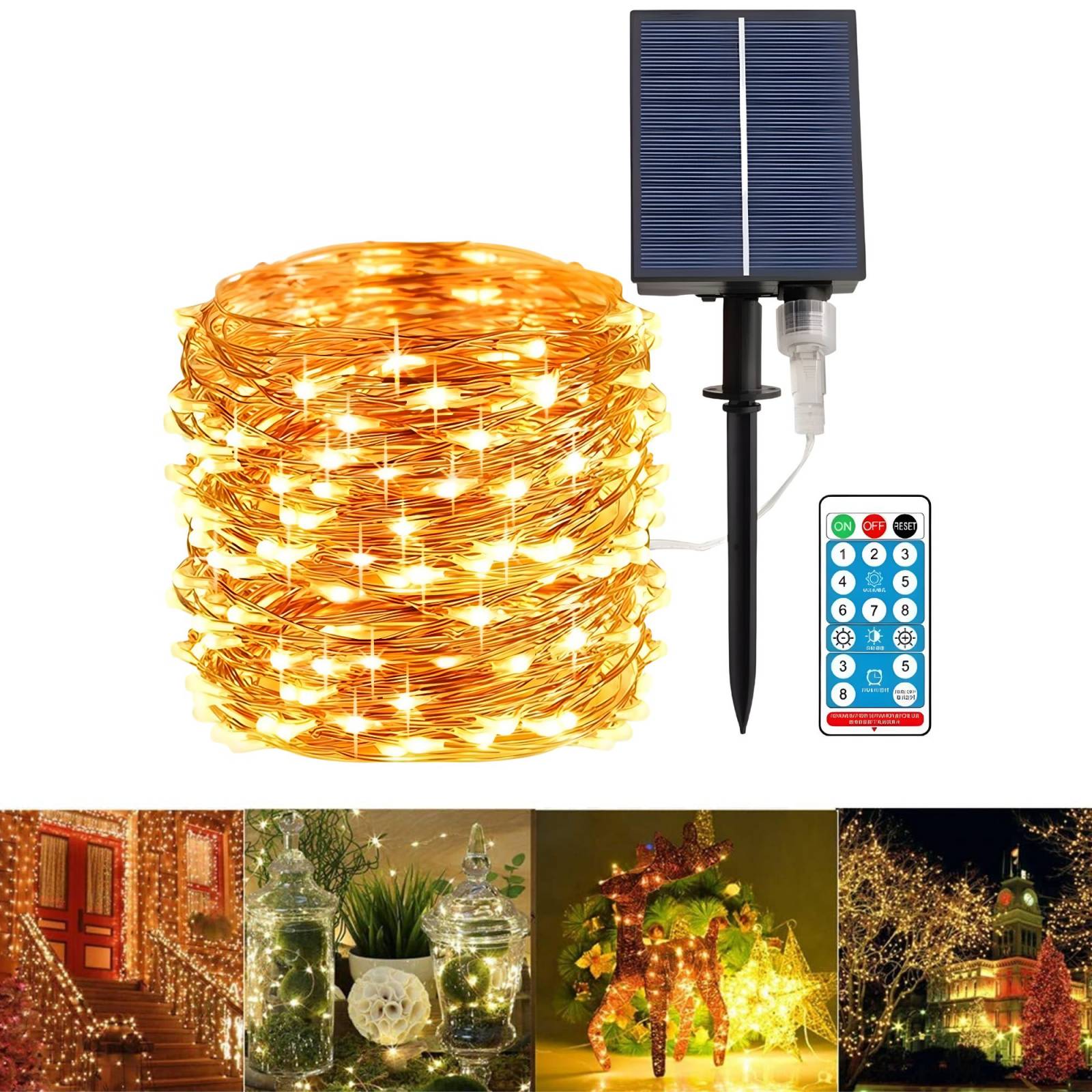 Serie Navideña Solar ecomlab Luces Led Guirnalda 22 Metros 200 Leds, 8 modos de luz, carga mediante panel solar, cable de cobre impermeable, decoración para jardín, habitación, interior, exterior, navidad, halloween.