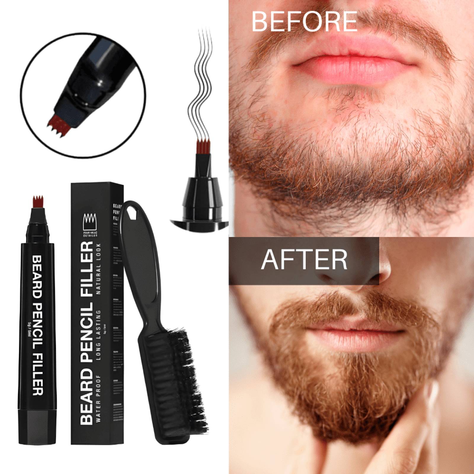 Pincel Boligrafo Para Barba, Bigote Ceja Kit Cepillo Y Pluma Tinte Ipermeable Para Relleno (Negro)