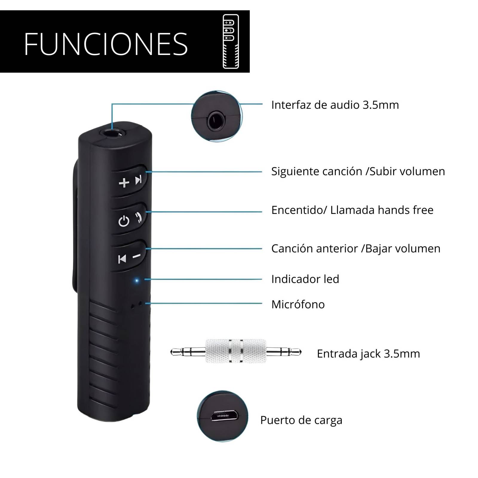 Receptor Bluetooth 5.0 para Auto Auxiliar con Micrófono: audio inalámbrico y manos libres para automóvil..