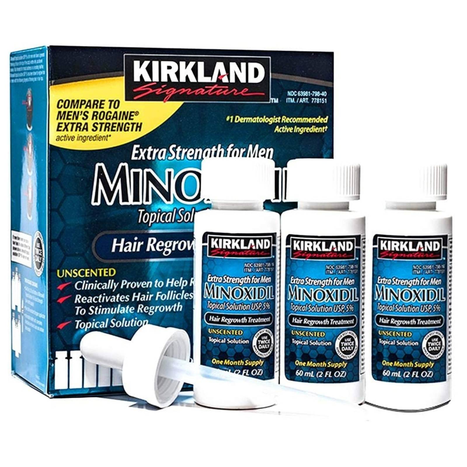Minoxidil 5% 3 Frascos Para Crecimiento Capilar Barba Y Bigote, Disminuye la pérdida de cabello, 6 meses de tratamiento, Kirkland Signature.