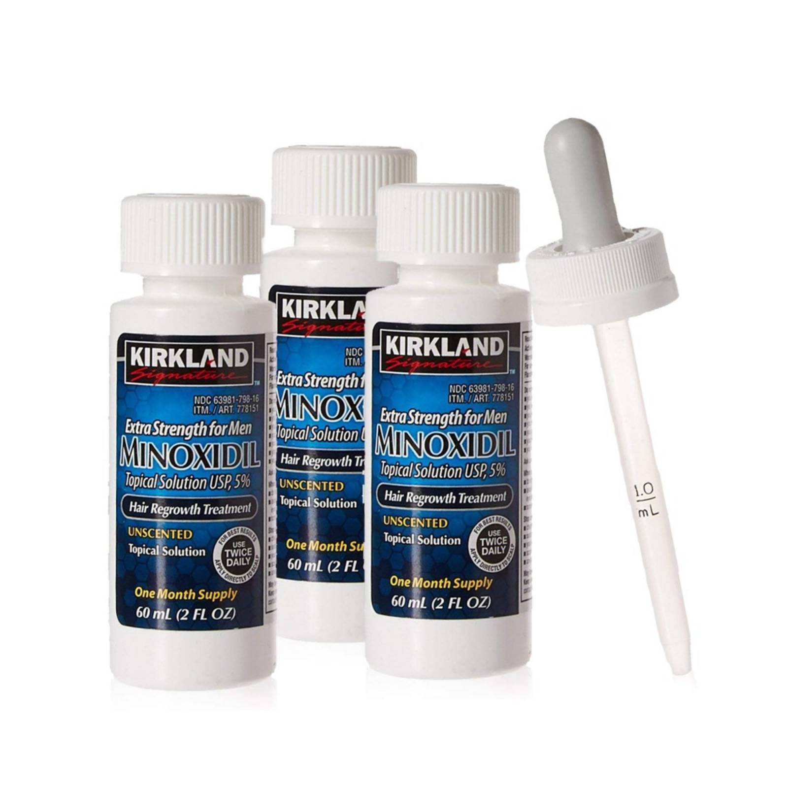 Minoxidil 5% 3 Frascos Para Crecimiento Capilar Barba Y Bigote, Disminuye la pérdida de cabello, 6 meses de tratamiento, Kirkland Signature.