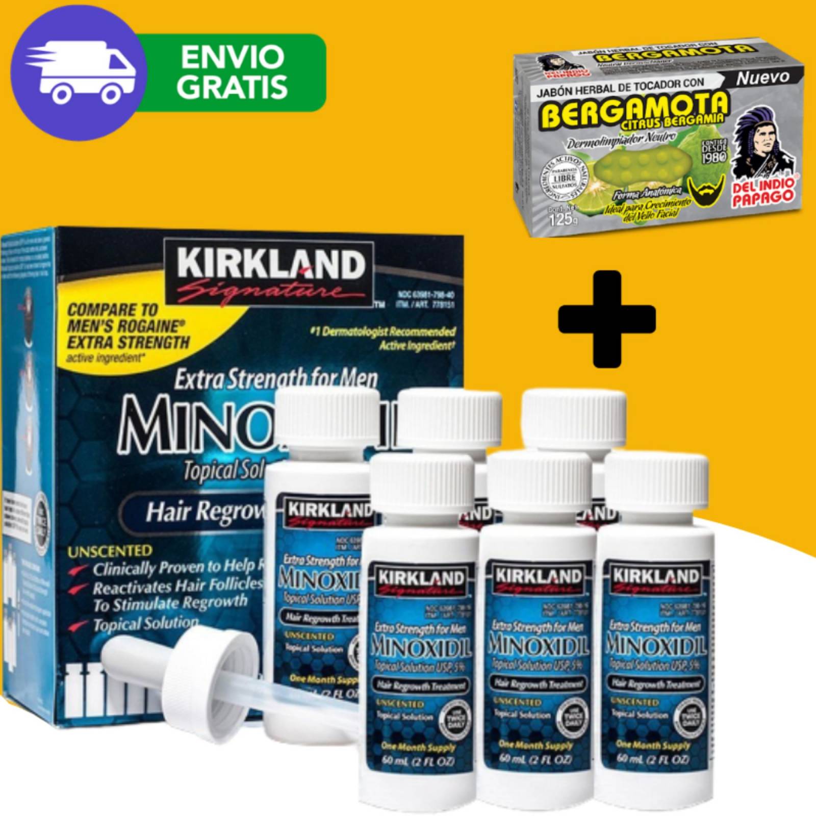 Minoxidil 5% 6 Frascos Para Crecimiento Capilar Barba Y Bigote, Disminuye la pérdida de cabello, 6 meses de tratamiento, Kirkland Signature.