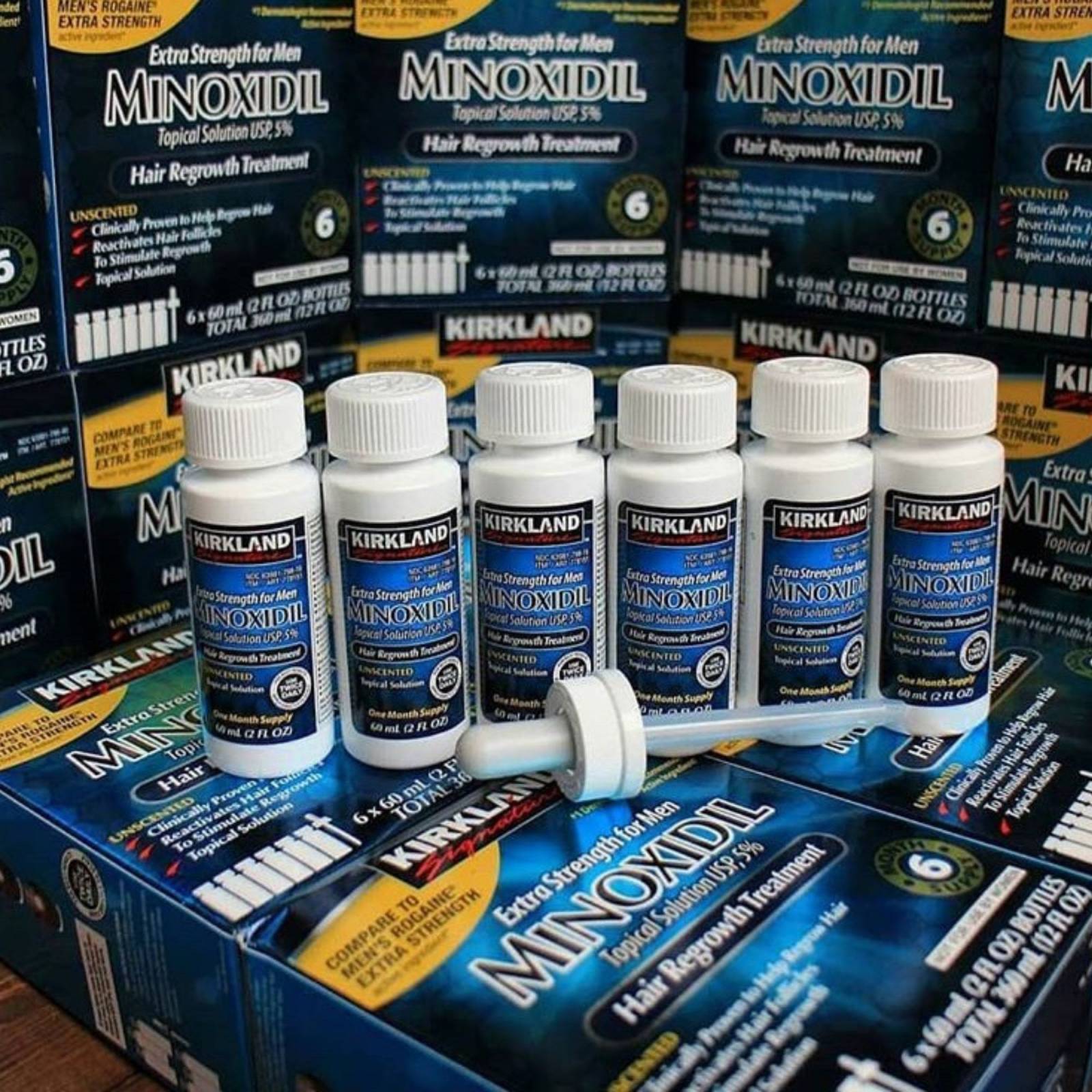 Minoxidil 5% 6 Frascos Para Crecimiento Capilar Barba Y Bigote, Disminuye la pérdida de cabello, 6 meses de tratamiento, Kirkland Signature.