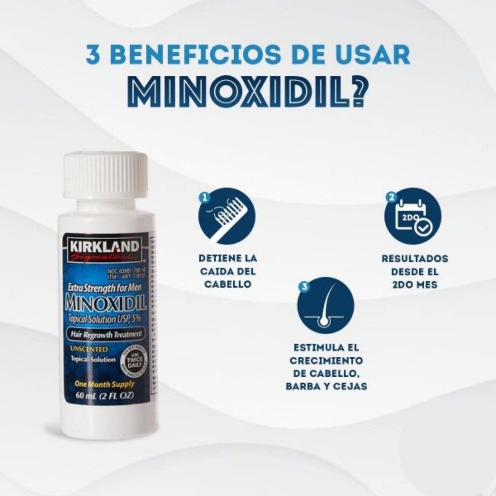 Minoxidil 5% 6 Frascos Para Crecimiento Capilar Barba Y Bigote, Disminuye la pérdida de cabello, 6 meses de tratamiento, Kirkland Signature.