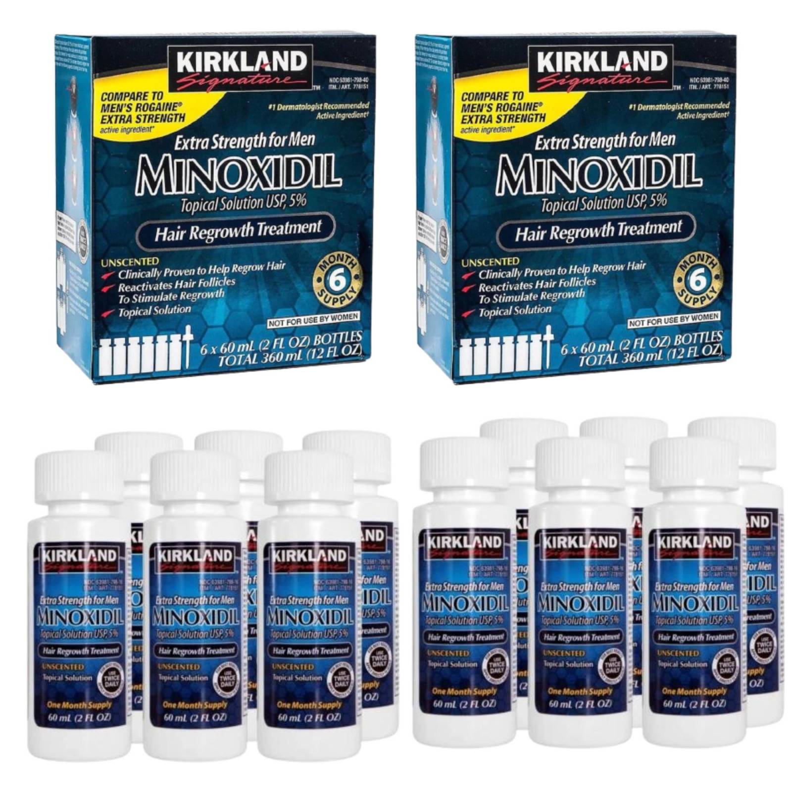 Minoxidil 5% 12 Frascos Para Crecimiento Capilar Barba Y Bigote, Disminuye la pérdida de cabello, 6 meses de tratamiento, Kirkland Signature.