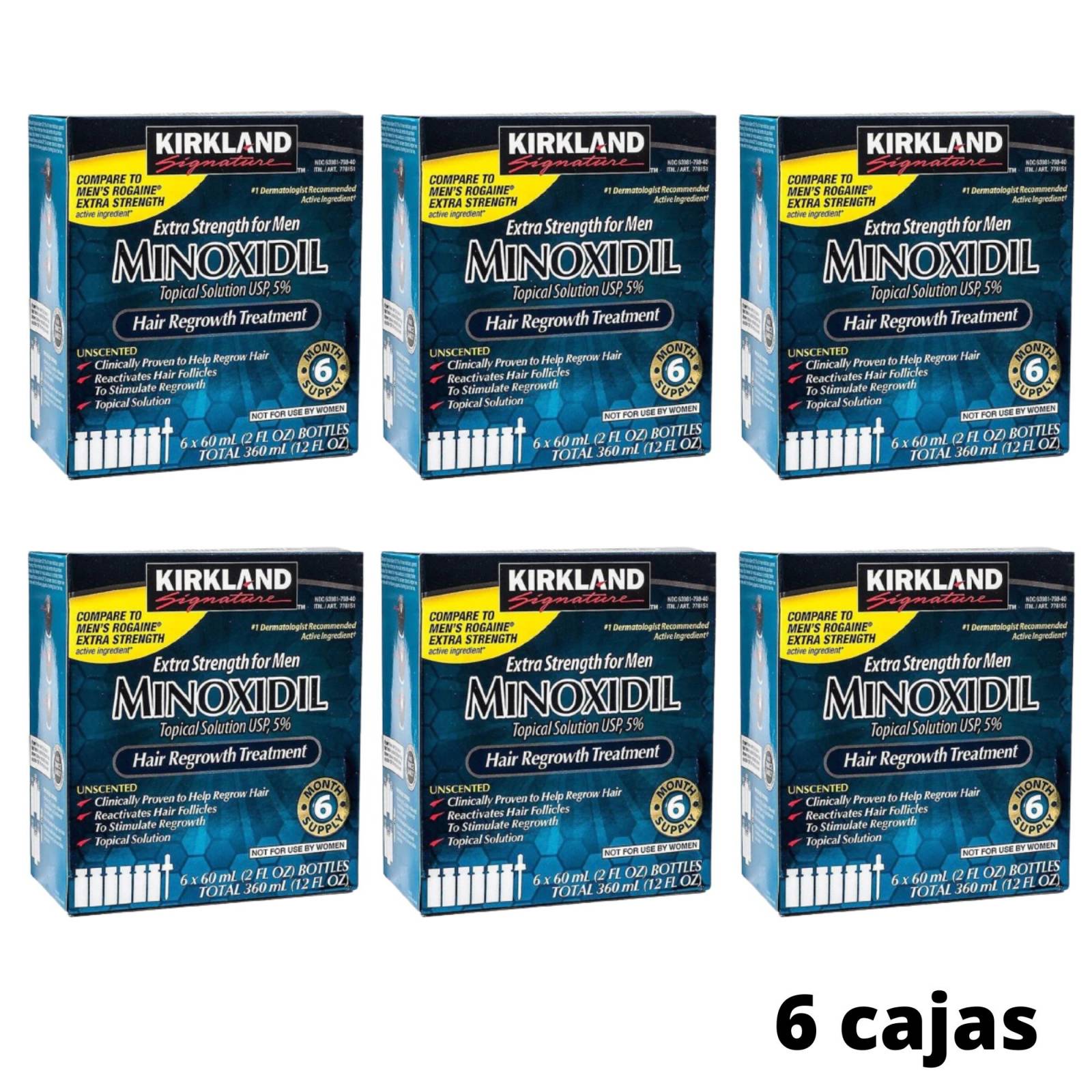 Minoxidil 5% 6 Cajas Para Crecimiento Capilar Barba Y Bigote, Disminuye la pérdida de cabello, Kirkland Signature.