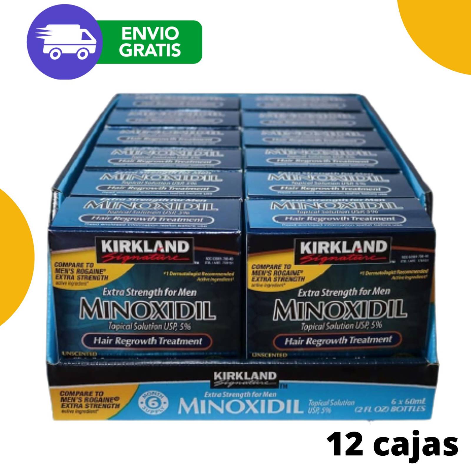 Minoxidil 5% 12 Cajas Para Crecimiento Capilar Barba Y Bigote, Disminuye la pérdida de cabello, Kirkland Signature.