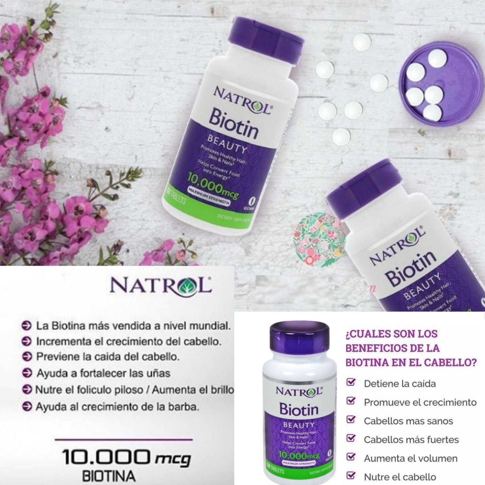 Biotina Natrol 3 Frascos 10,000 Mcg Cabello Calvicie Alopecia Uñas 100 Tabletas