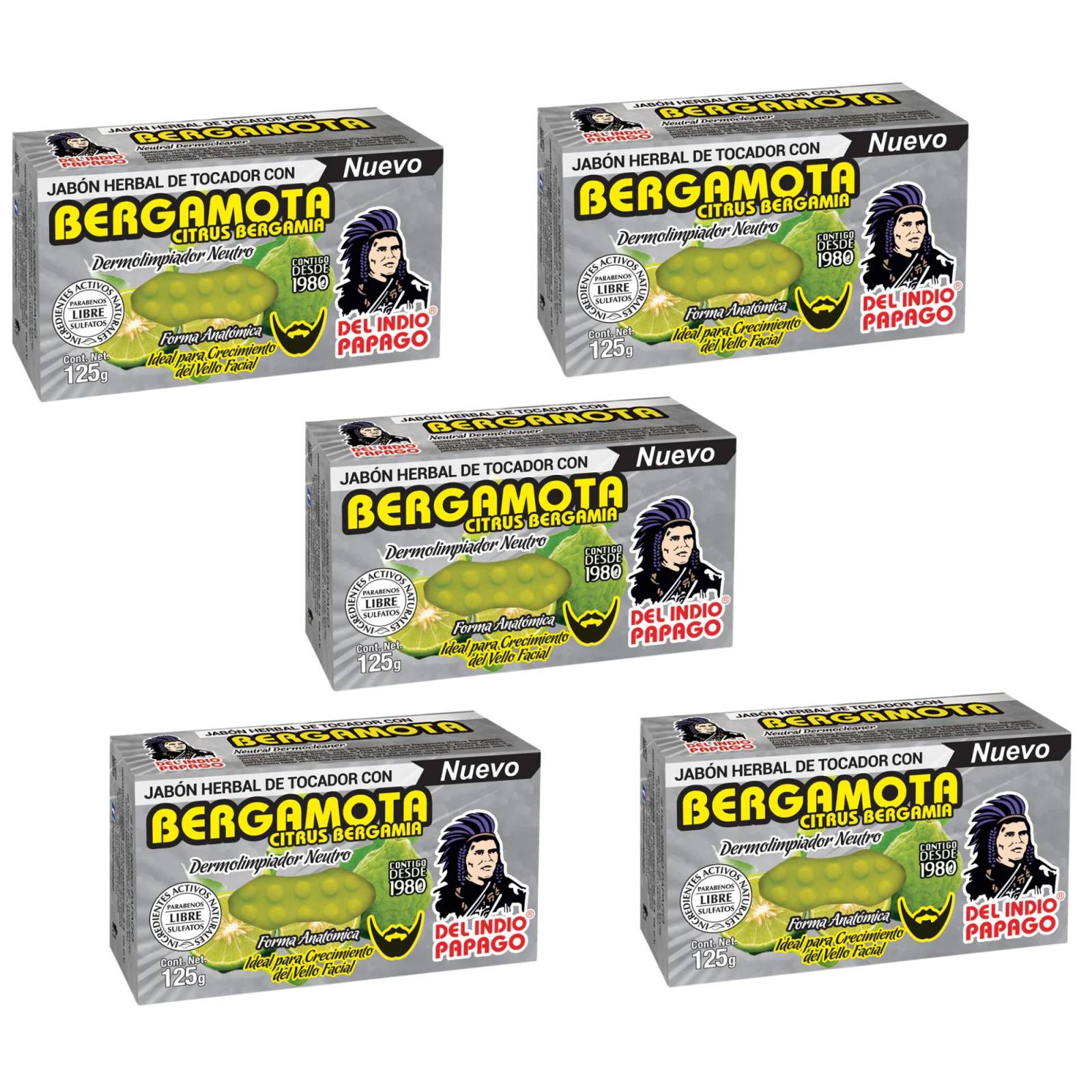 Jabón Bergamota Efectivo Para Barba, Bigote y Cuerpo 5 piezas, Estimula Crecimiento, Antiséptico Con Ingredientes Naturales Activos, Dermolimpiador Neutral, Con Armora Herbal.