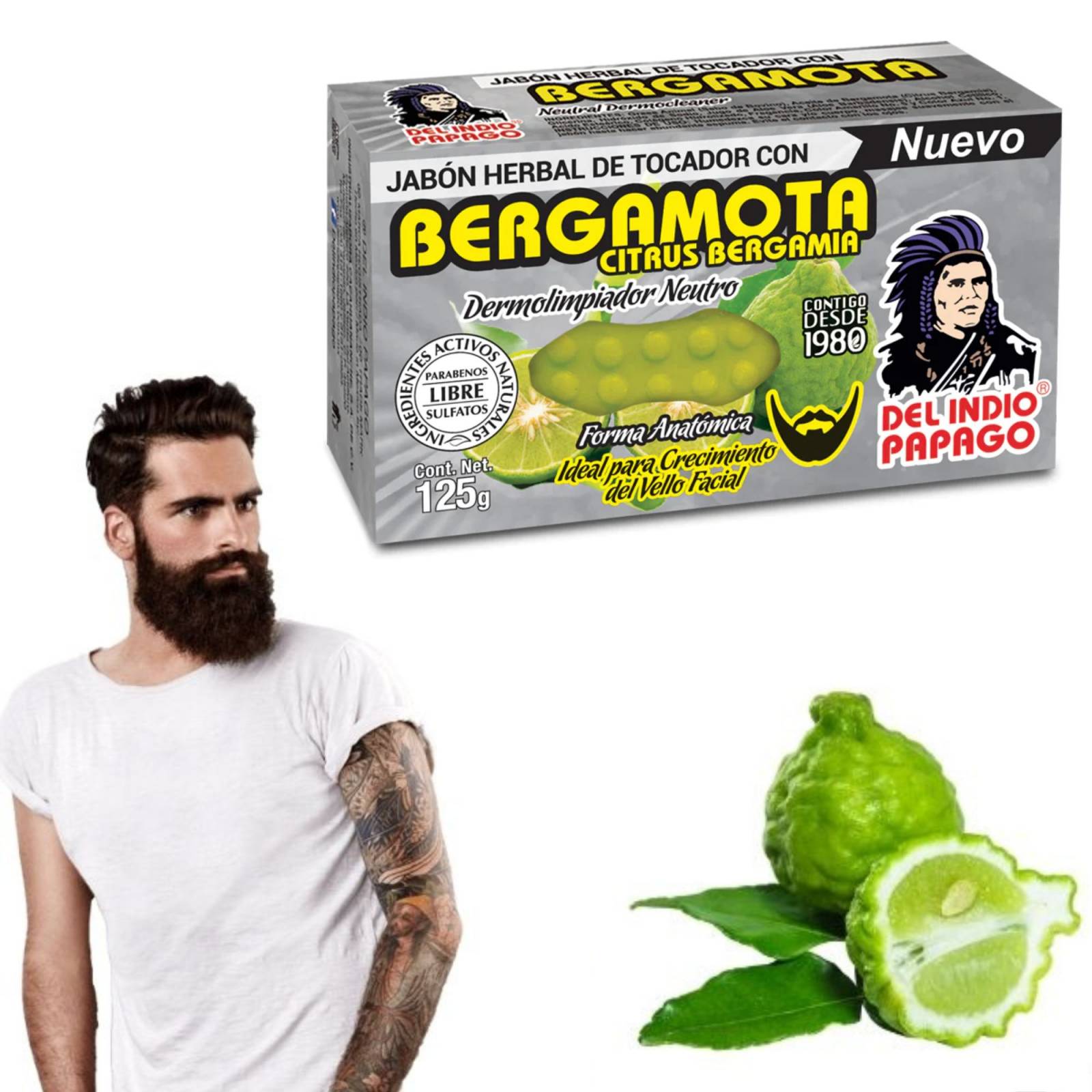 Jabón Bergamota Efectivo Para Barba, Bigote y Cuerpo 5 piezas, Estimula Crecimiento, Antiséptico Con Ingredientes Naturales Activos, Dermolimpiador Neutral, Con Armora Herbal.