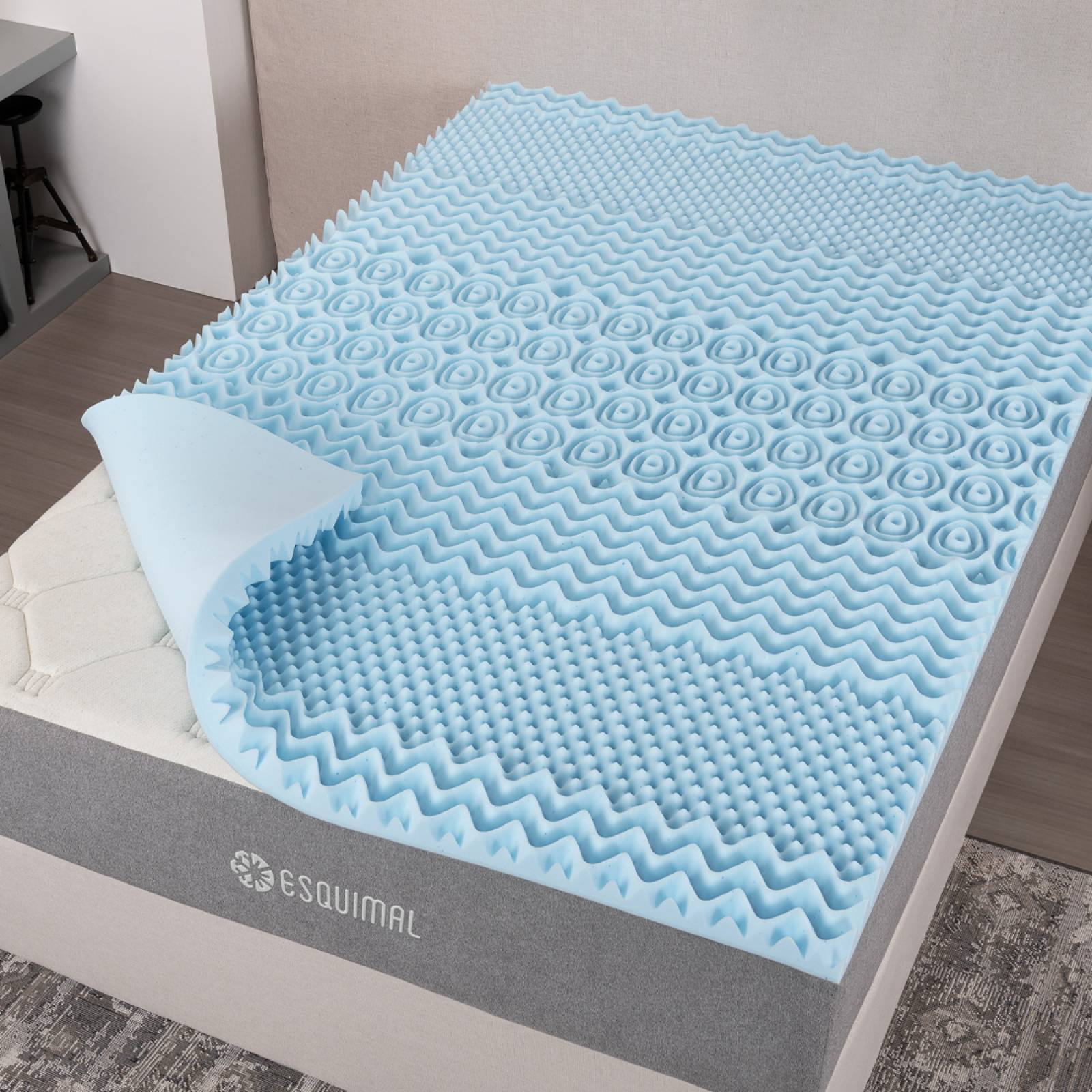Colchoneta Queen Size de Memory Foam Cubre Colchón Topper con 7 Zonas de Confort Sobrecolchón Azul ESQUIMAL.