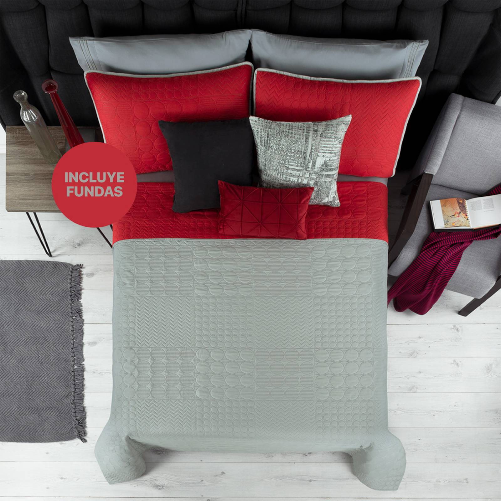 Edredón Ligero Individual Doble Vista con Funda Rojo - Gris REAL TEXTIL.