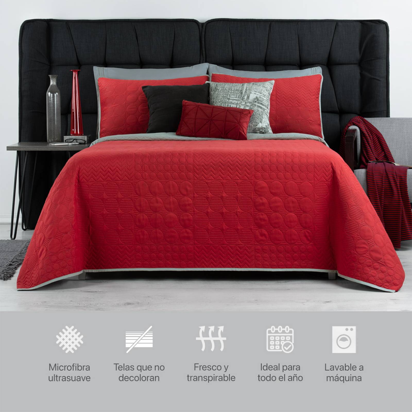Edredón Ligero Individual Doble Vista con Funda Rojo - Gris REAL TEXTIL.
