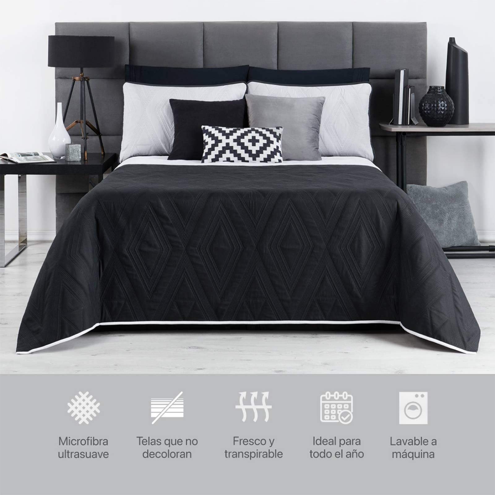 Edredón Ligero Individual Doble Vista con Funda Negro - Blanco REAL TEXTIL.