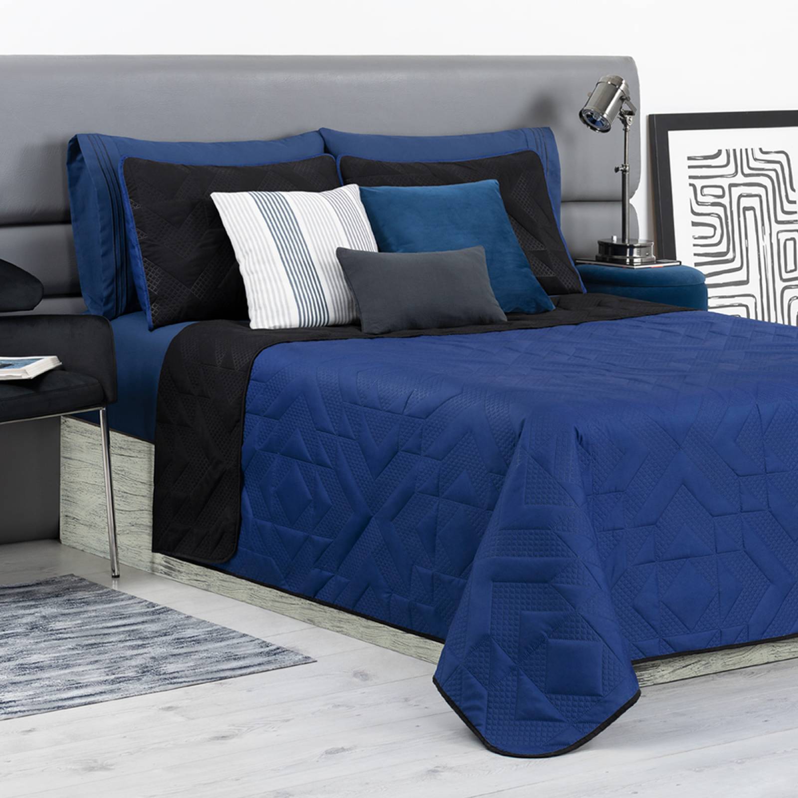 Edredón Ligero Individual Doble Vista con Funda Azul Rey - Negro REAL TEXTIL